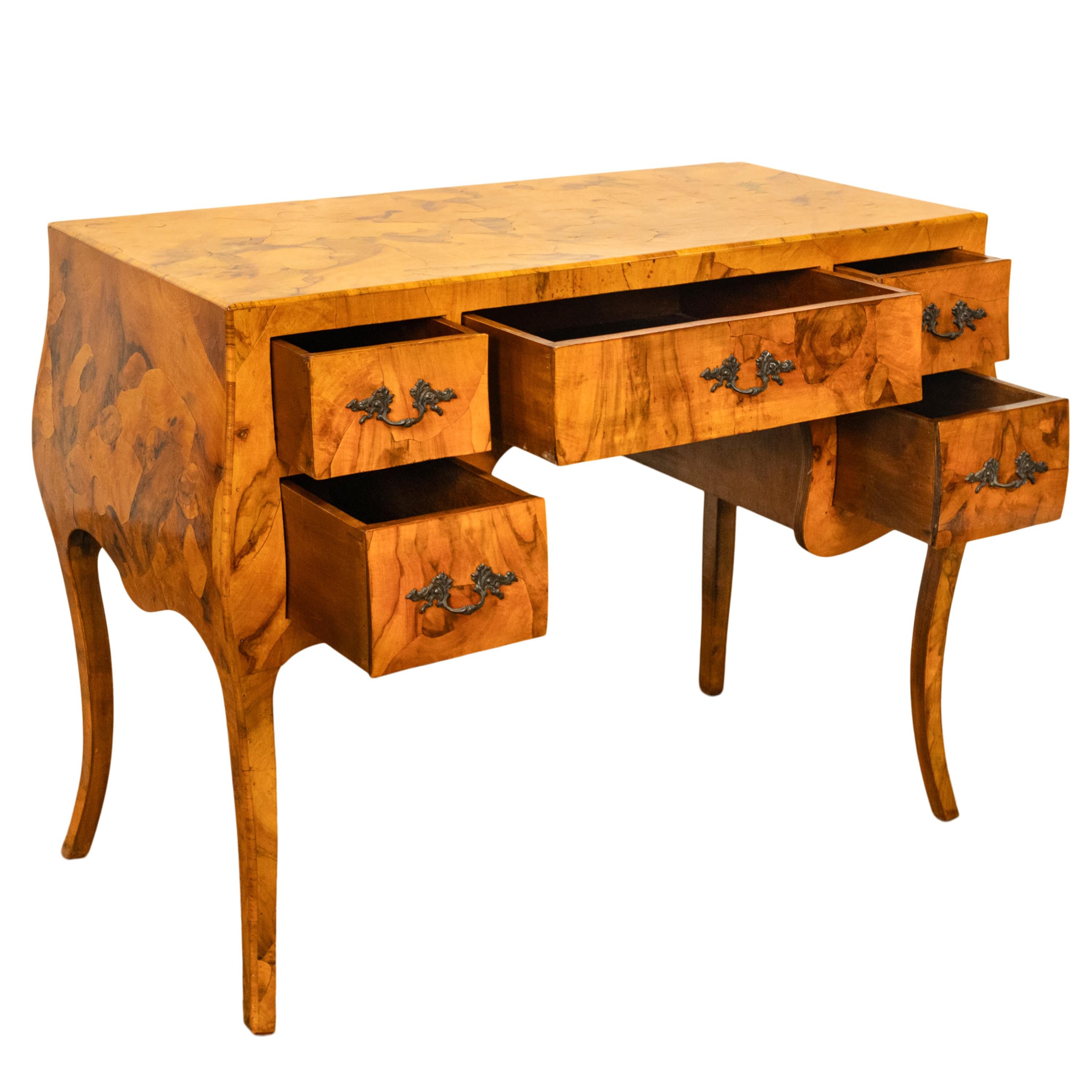 Antique Mid Century Italian Burl Oyster Olive Wood Patchwork Bombe Shaped Desk 12