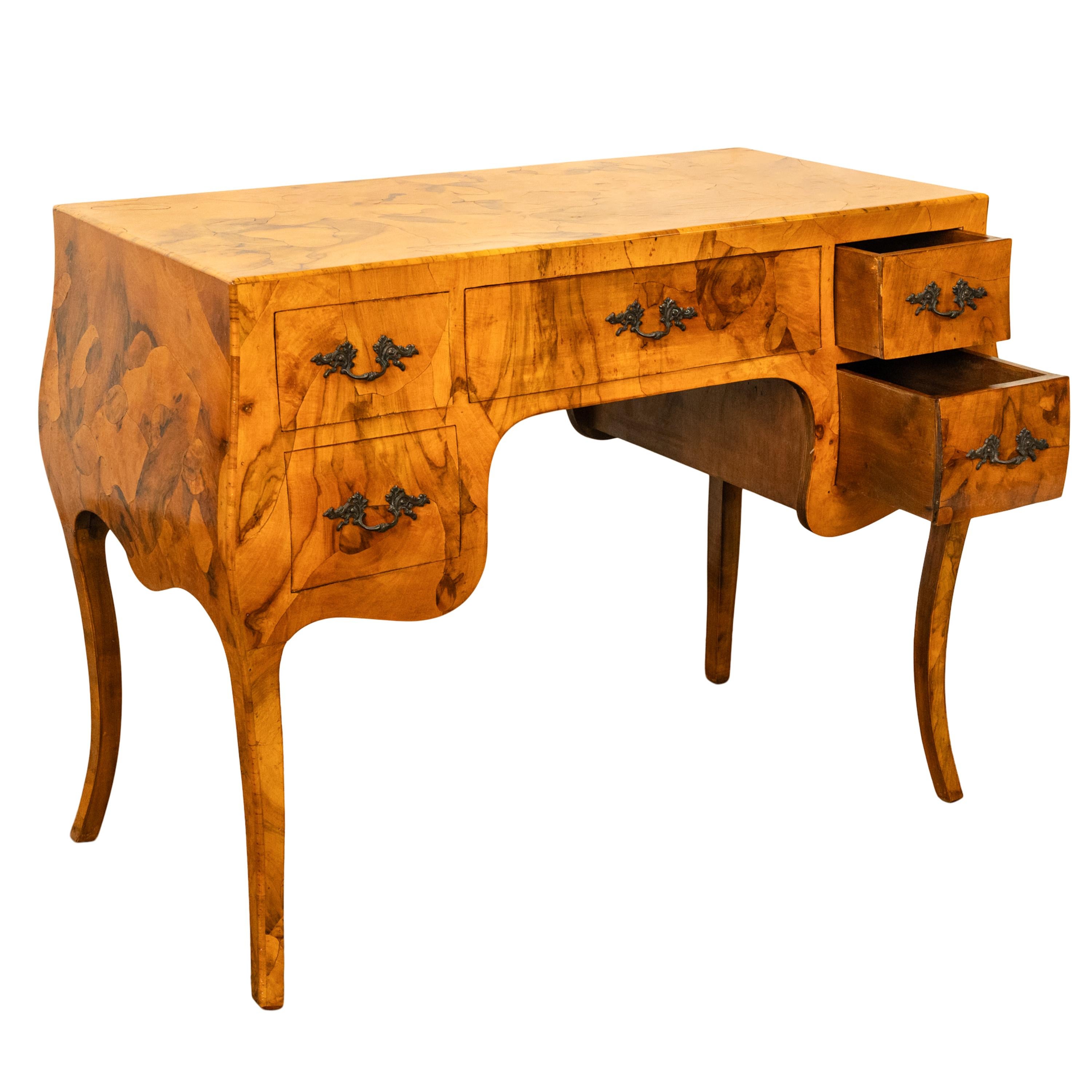 Antique Mid Century Italian Burl Oyster Olive Wood Patchwork Bombe Shaped Desk 13