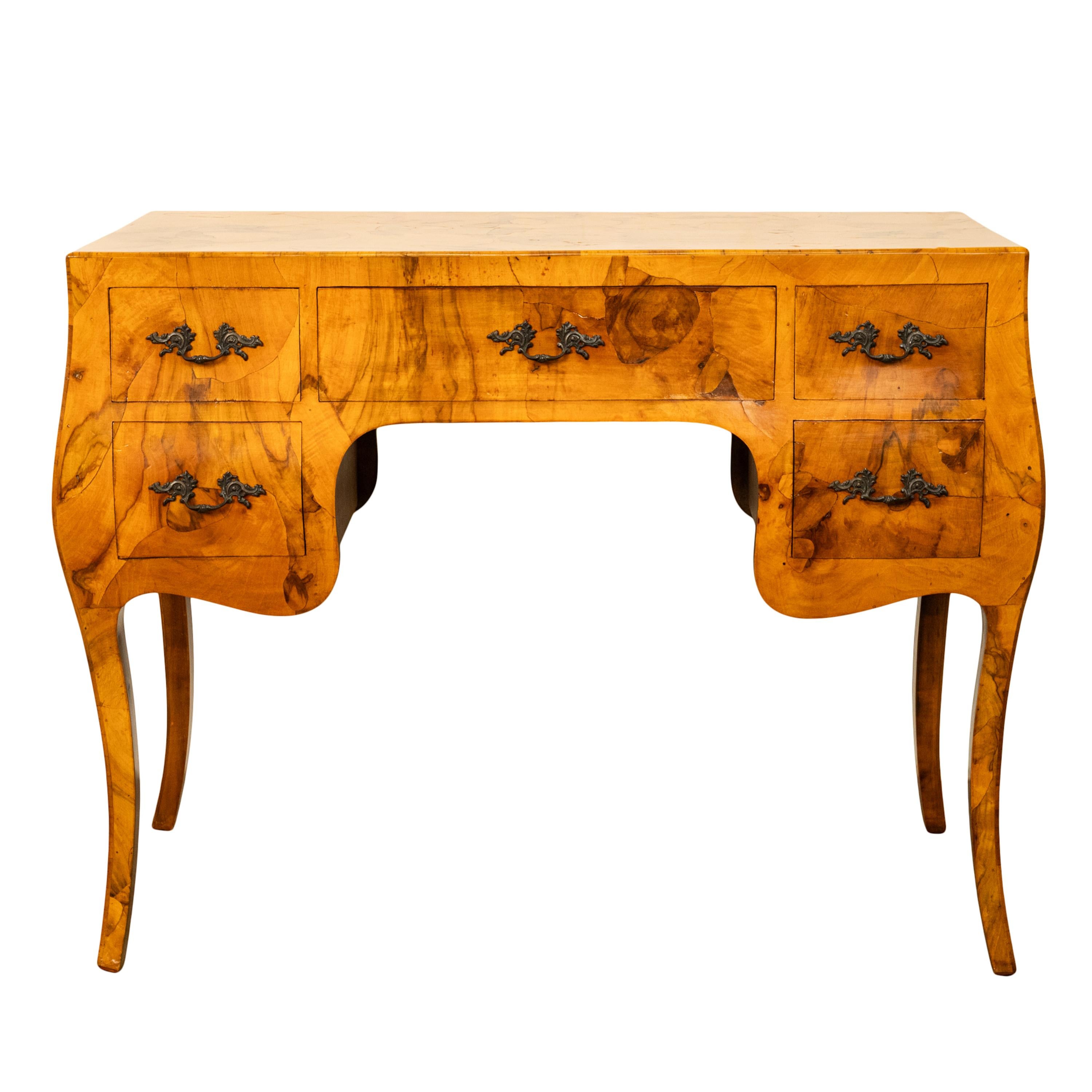 Baroque Revival Antique Mid Century Italian Burl Oyster Olive Wood Patchwork Bombe Shaped Desk