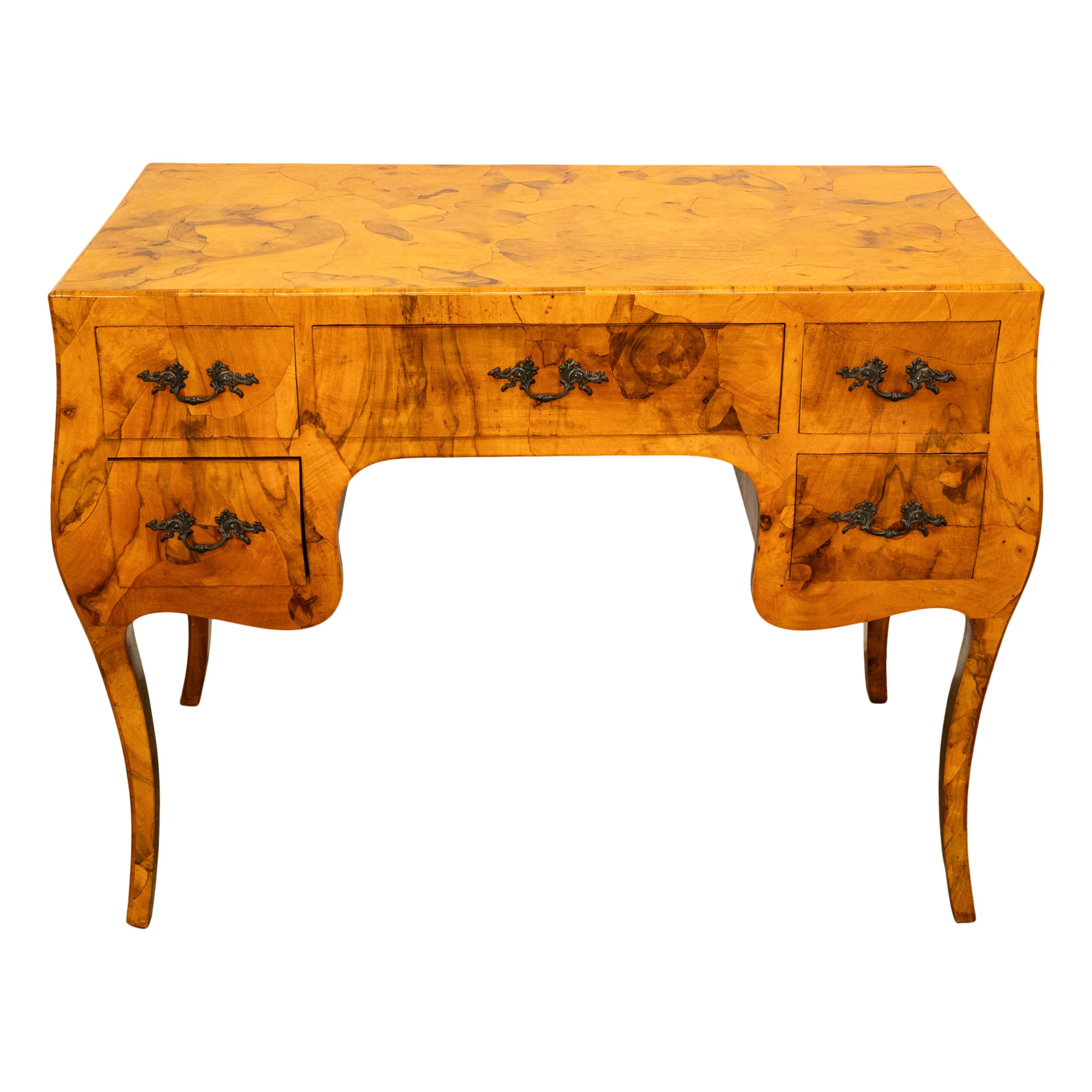 Antique Mid Century Italian Burl Oyster Olive Wood Patchwork Bombe Shaped Desk In Good Condition In Portland, OR