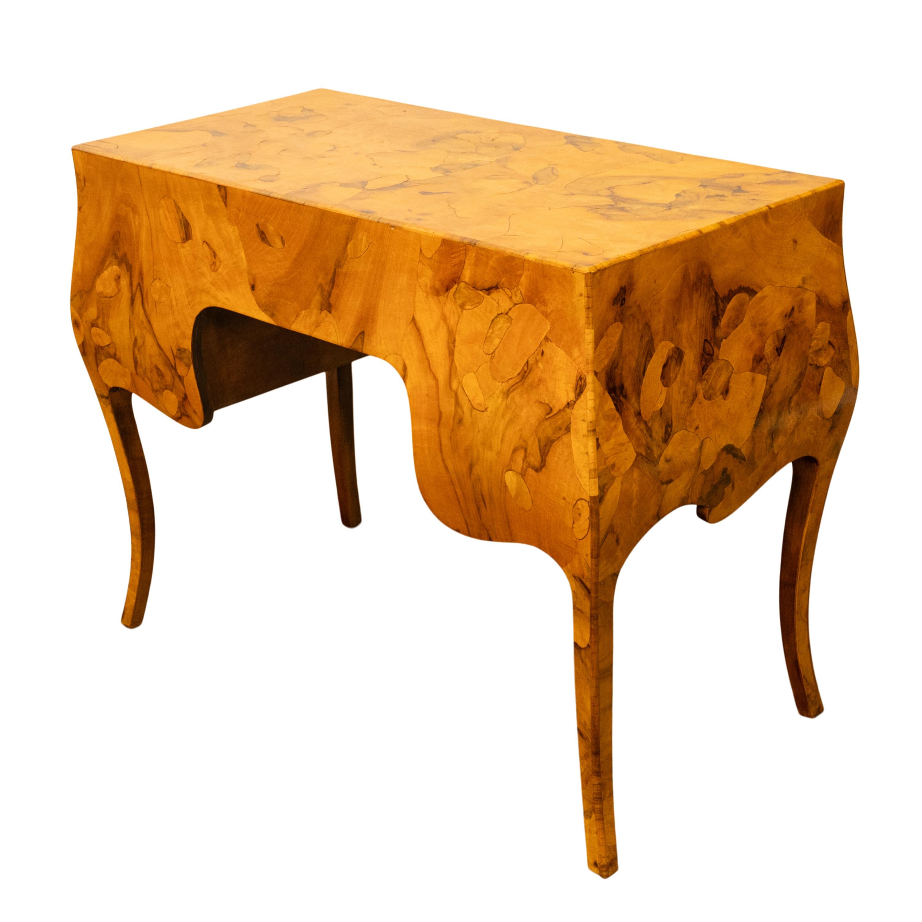 20th Century Antique Mid Century Italian Burl Oyster Olive Wood Patchwork Bombe Shaped Desk