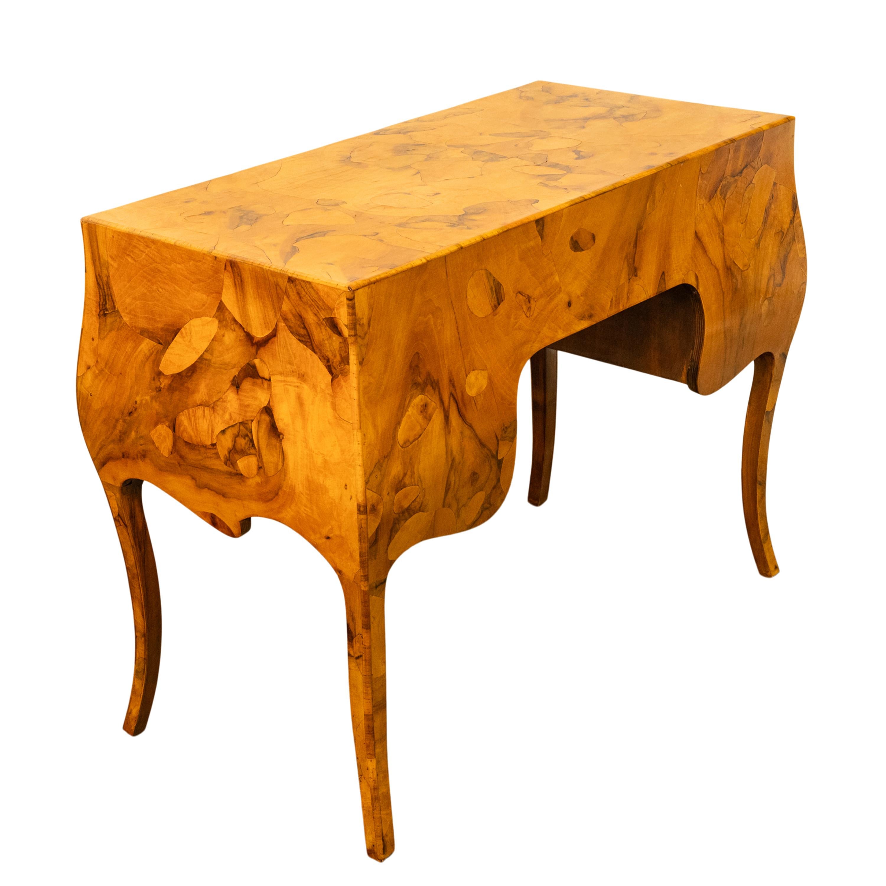 Bronze Antique Mid Century Italian Burl Oyster Olive Wood Patchwork Bombe Shaped Desk