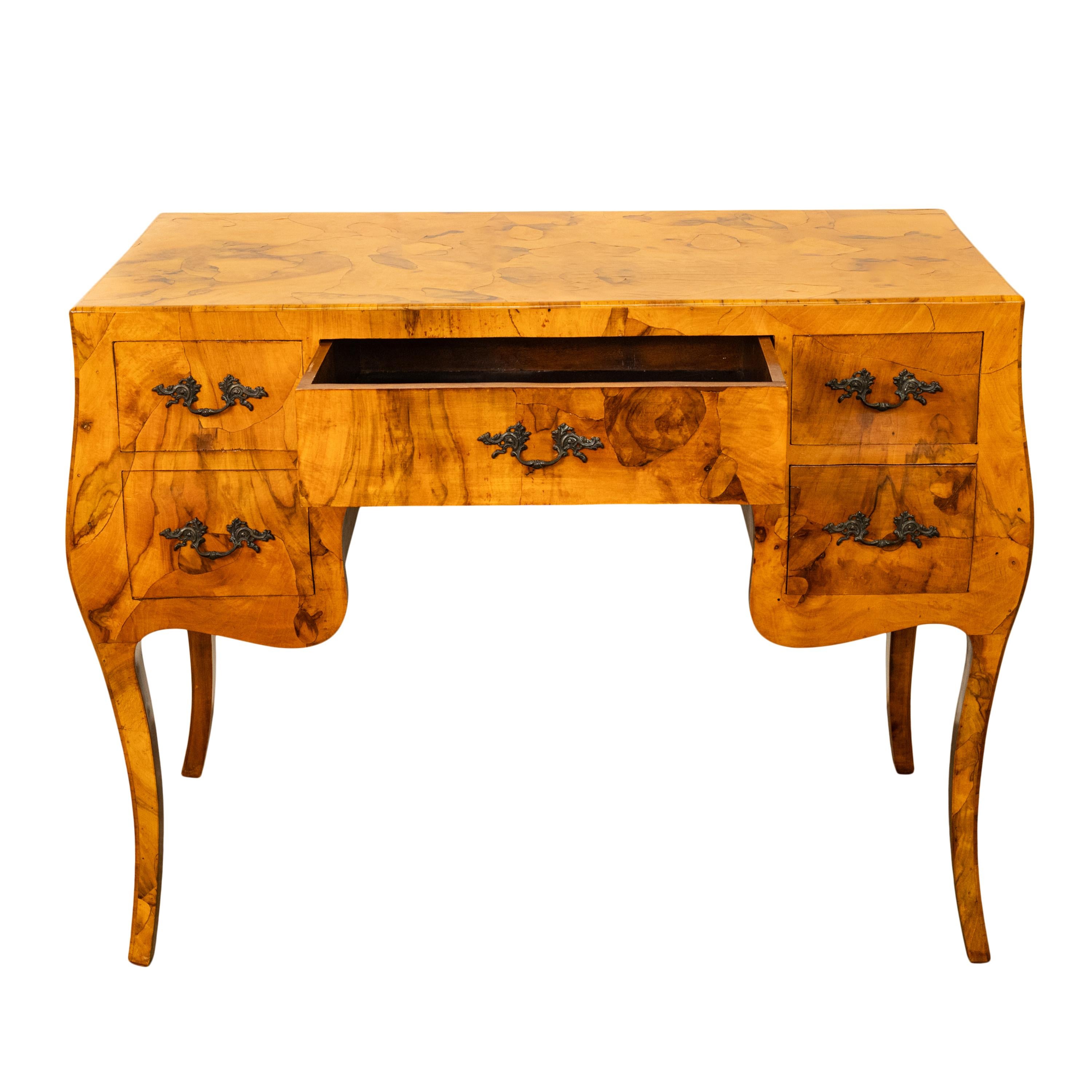 Antique Mid Century Italian Burl Oyster Olive Wood Patchwork Bombe Shaped Desk 3