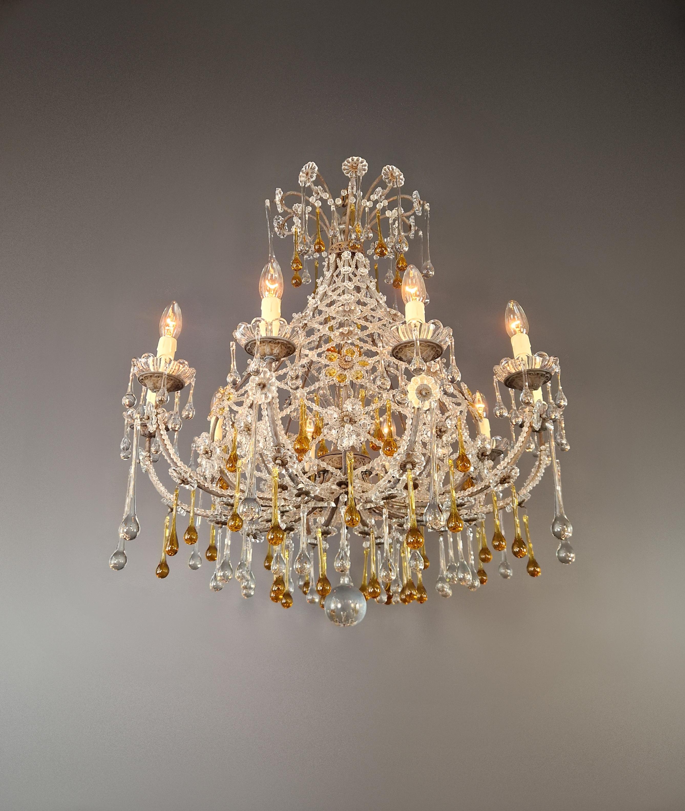Antigua araña de cristal de Murano de mediados de siglo con detalles de ámbar raramente cesta Moderno de mediados de siglo en venta
