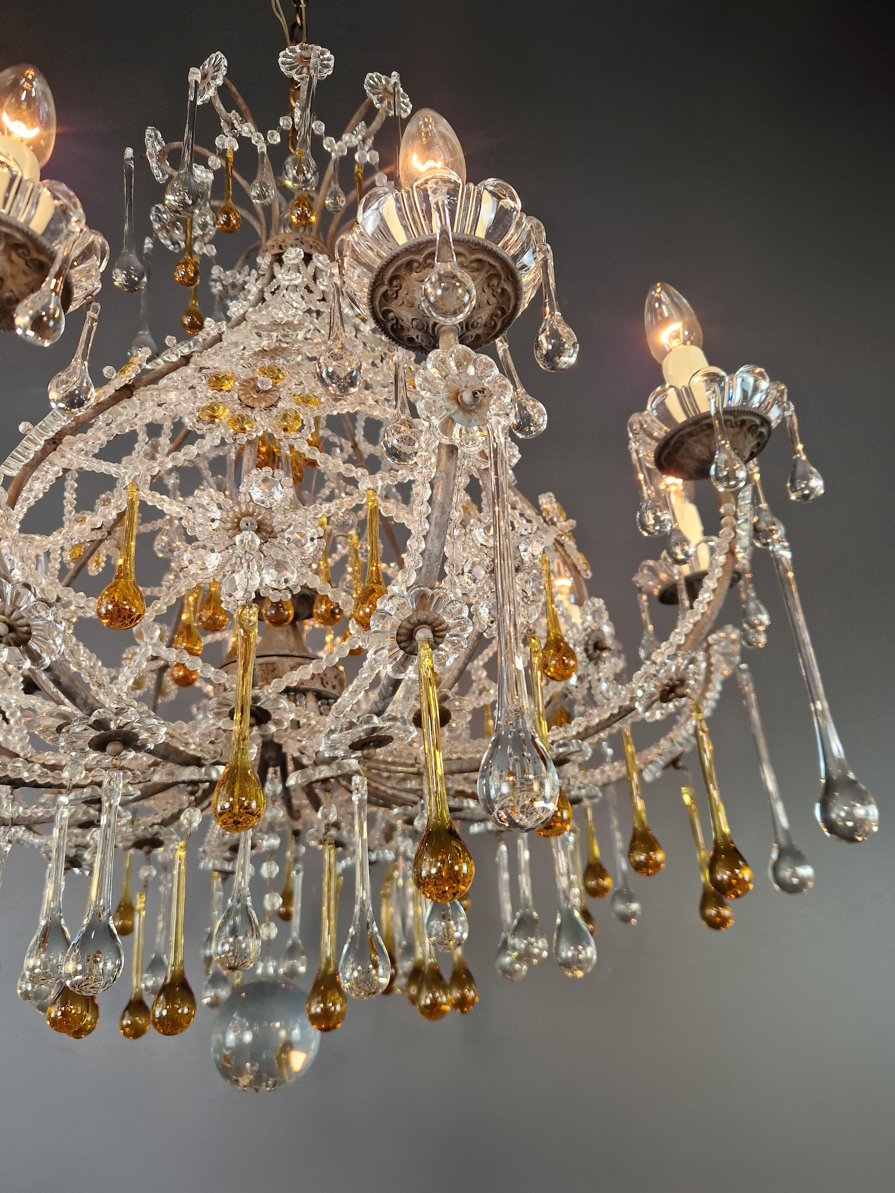 Antigua araña de cristal de Murano de mediados de siglo con detalles de ámbar raramente cesta Latón en venta