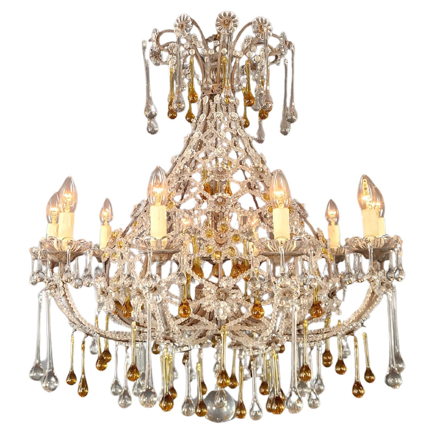 Antigua araña de cristal de Murano de mediados de siglo con detalles de ámbar raramente cesta en venta