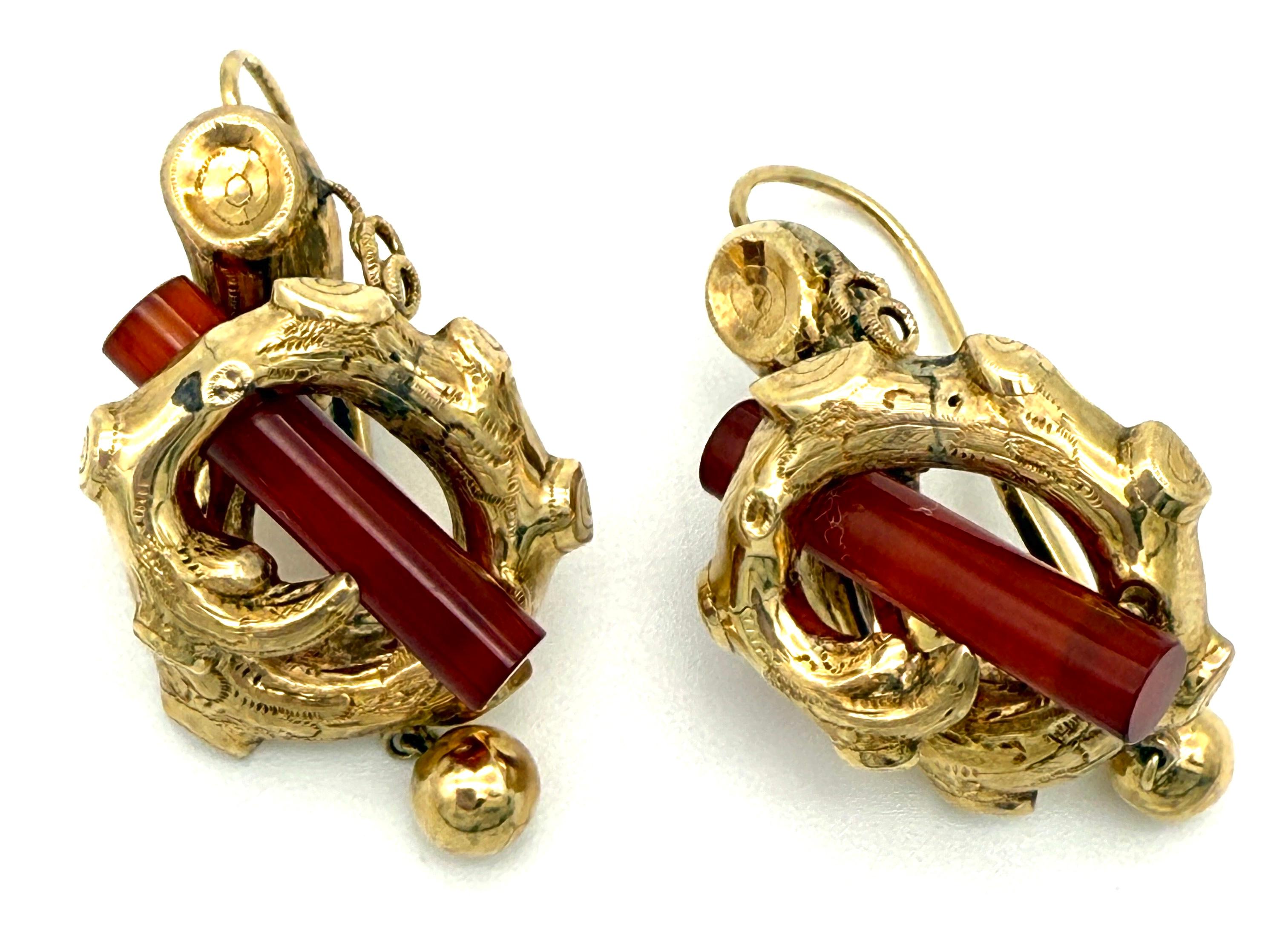 Boucles d'oreilles pendantes en or 14K du milieu du 19e siècle, carnéalien Bon état - En vente à Munich, Bavaria