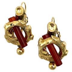 Antique Mid 19th Century 14K Gold Dangle Earrings Carnealian