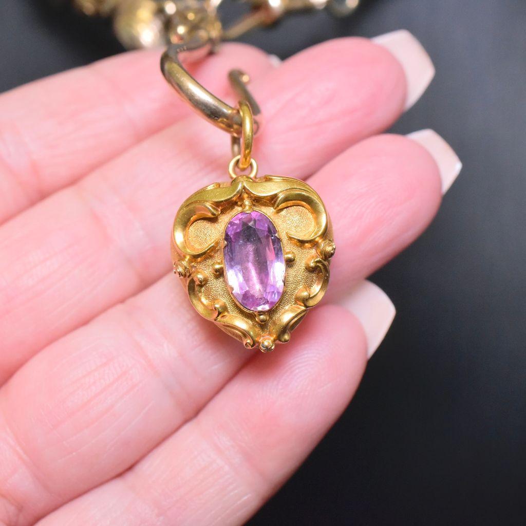 Oval Cut Antique Mid-Victorian 15ct Yellow Gold Amethyst Heart Locket Pendant