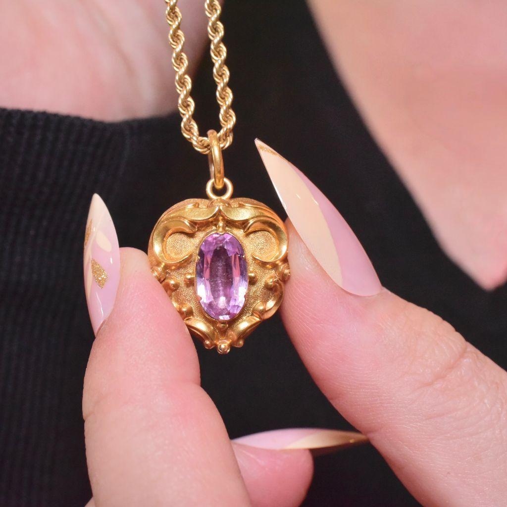 Antique Mid-Victorian 15ct Yellow Gold Amethyst Heart Locket Pendant 1