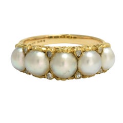 Antique Mid-Victorian Five-Stone Pearl Diamond Gold Ring
