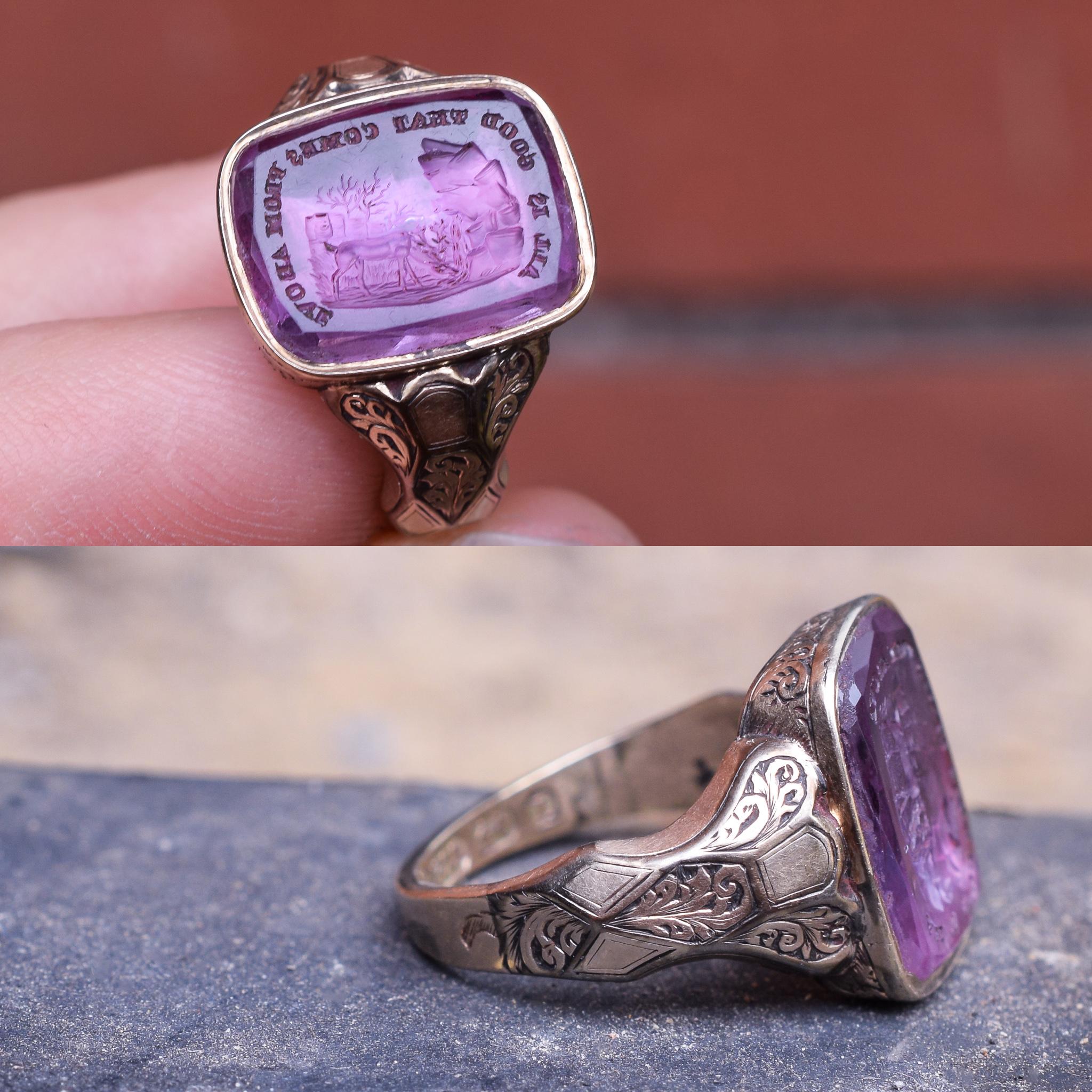Women's or Men's Antique Mid-Victorian Amethyst Intaglio Signet Ring
