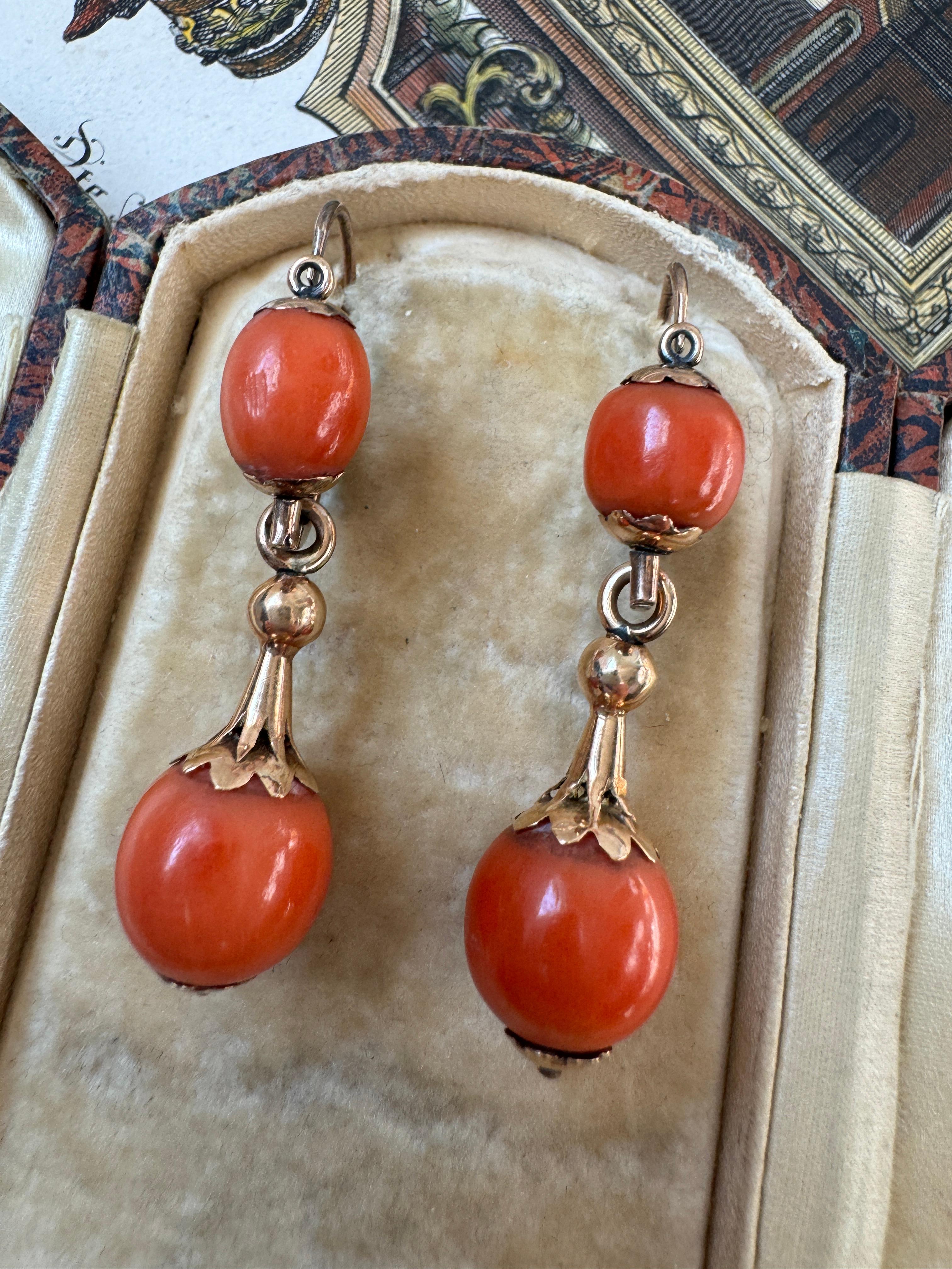 Bead Antique Mid Victorian Day to Night Coral Drop Earrings For Sale