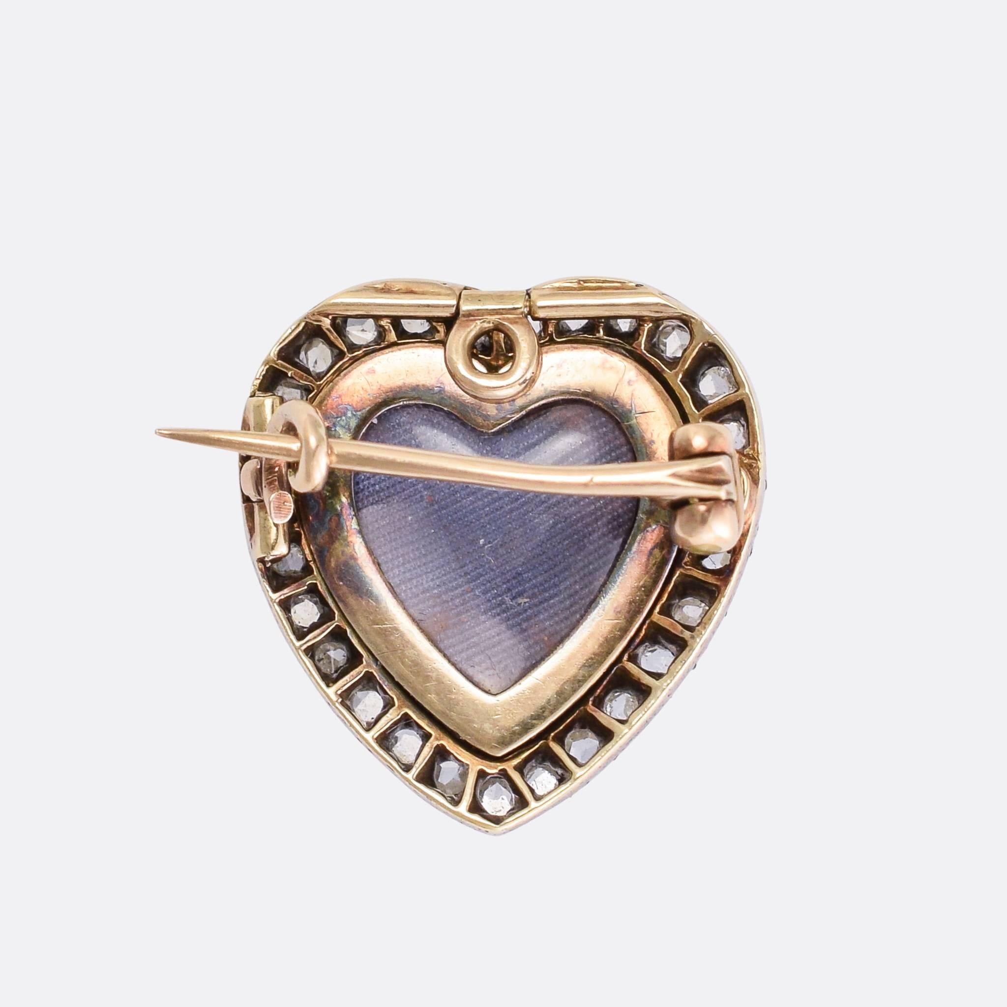 Rose Cut Antique Mid-Victorian Diamond Double Heart Pendant Brooch