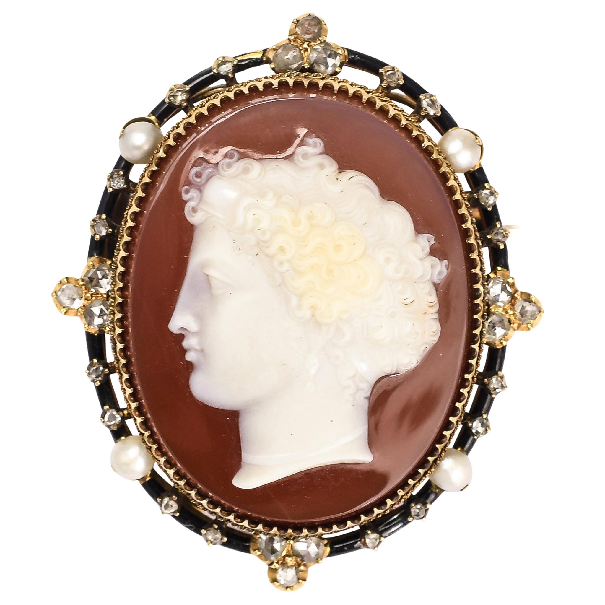 Antique Mid-Victorian Diamond Pearl Hardstone Cameo Brooch