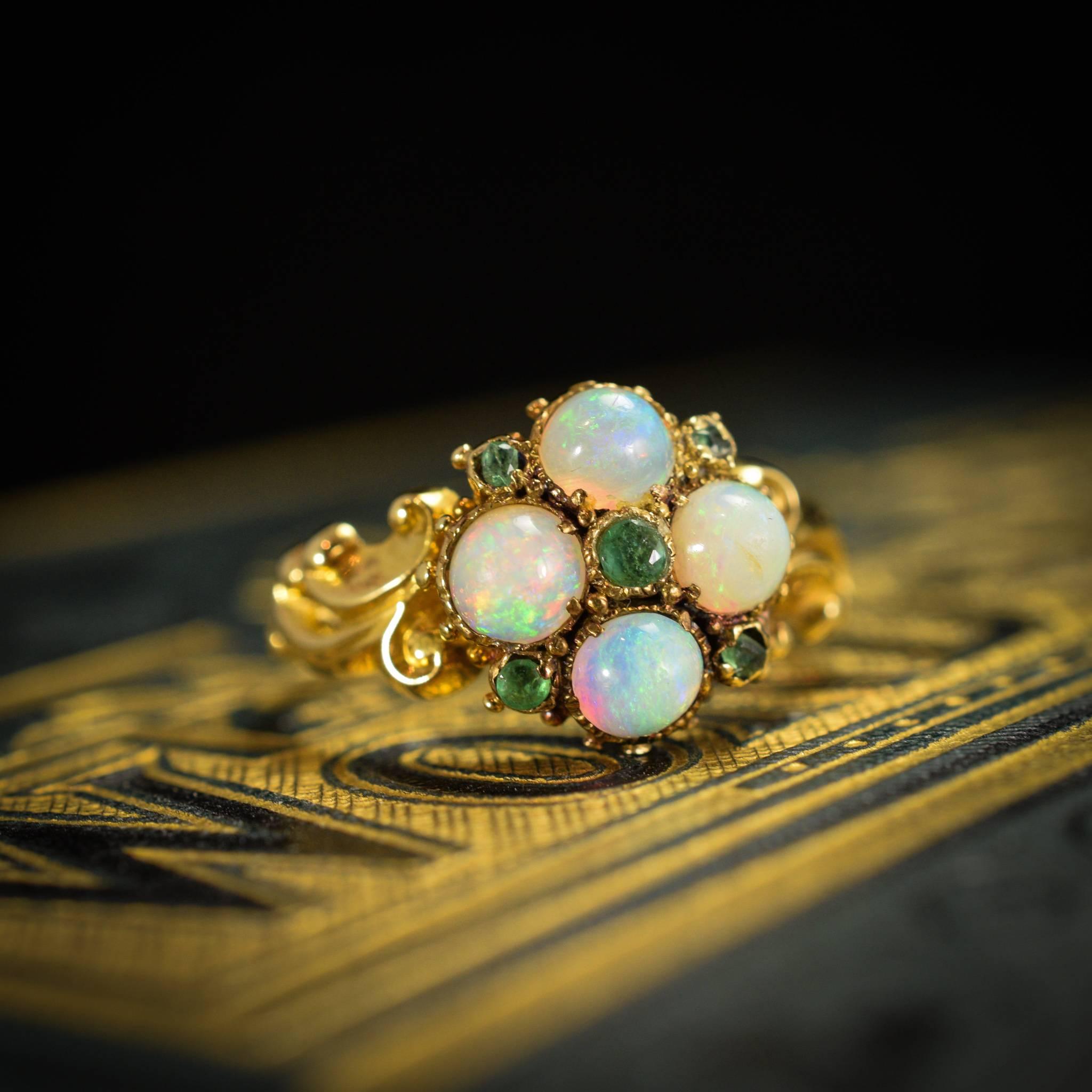 Antique Mid-Victorian Opal Emerald Cluster Ring 3