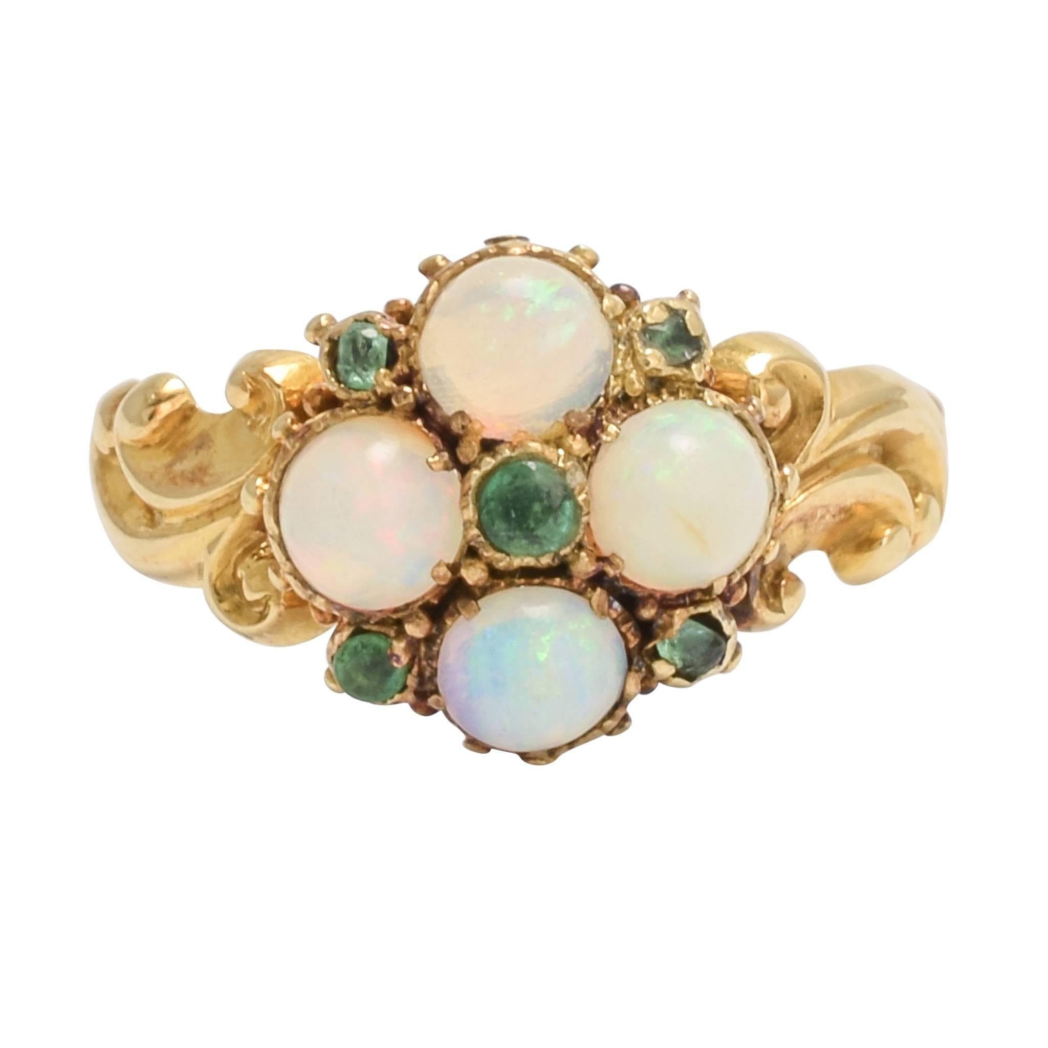 Antique Mid-Victorian Opal Emerald Cluster Ring