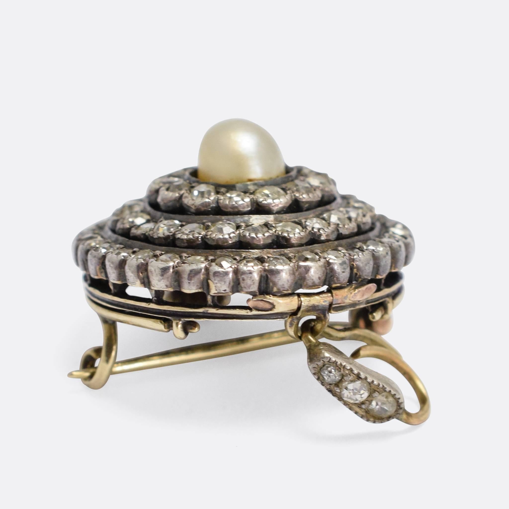 Antique Mid-Victorian Pearl Diamond Halo Pendant Necklace In Good Condition In Sale, Cheshire