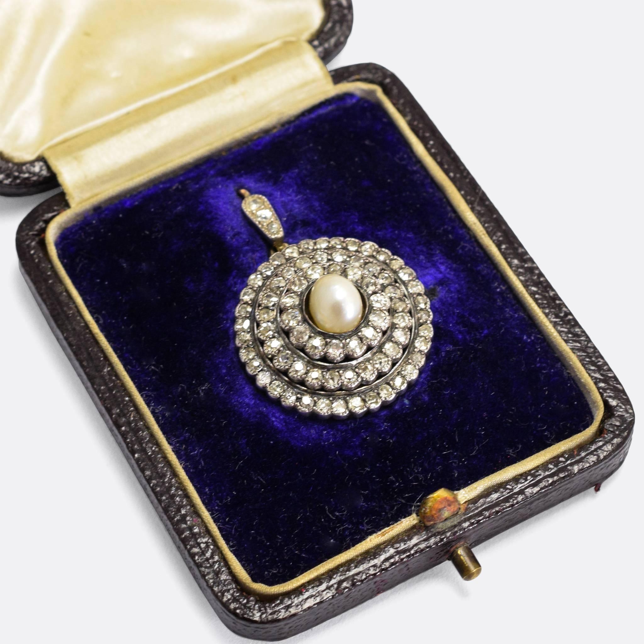 Antique Mid-Victorian Pearl Diamond Halo Pendant Necklace 2