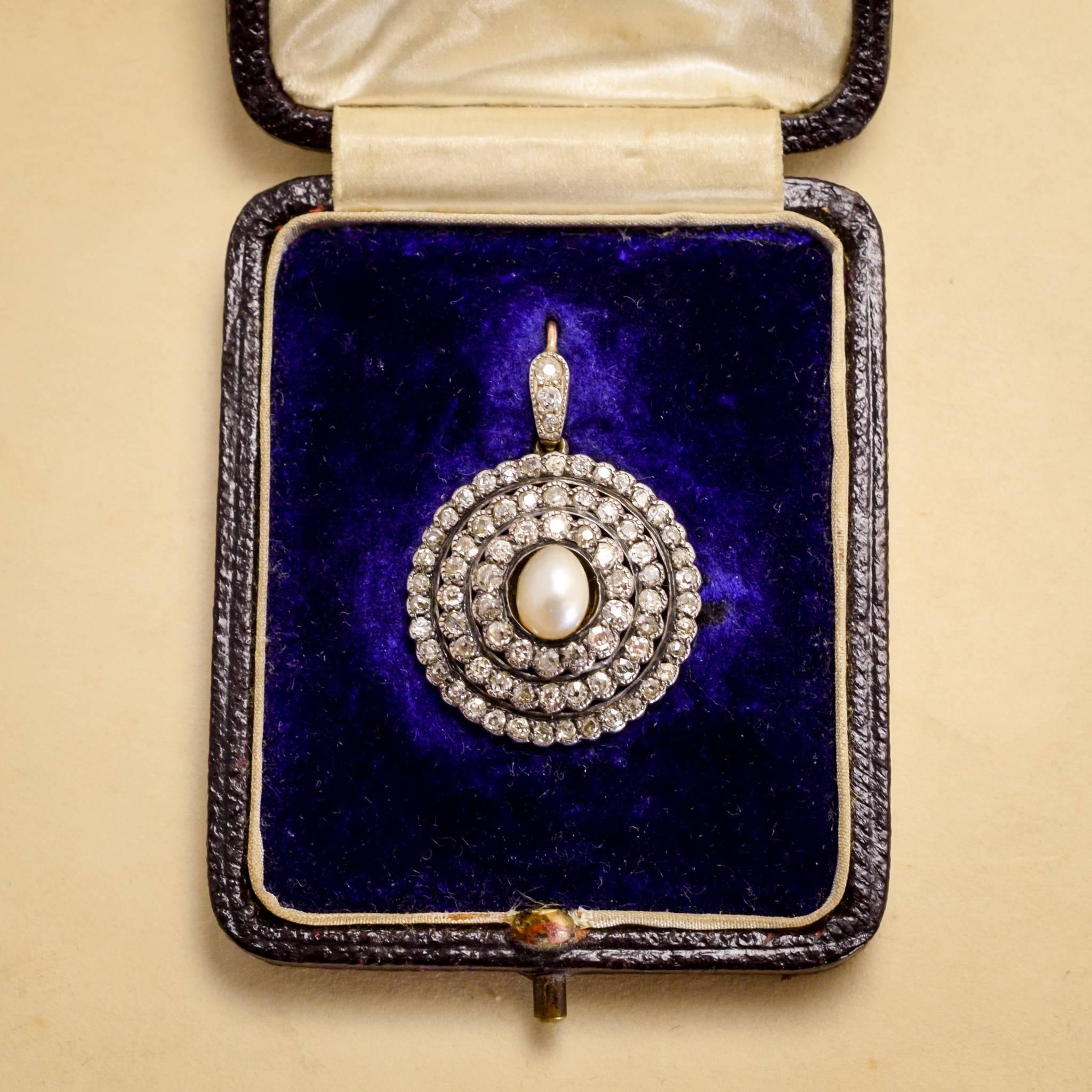 Antique Mid-Victorian Pearl Diamond Halo Pendant Necklace 4