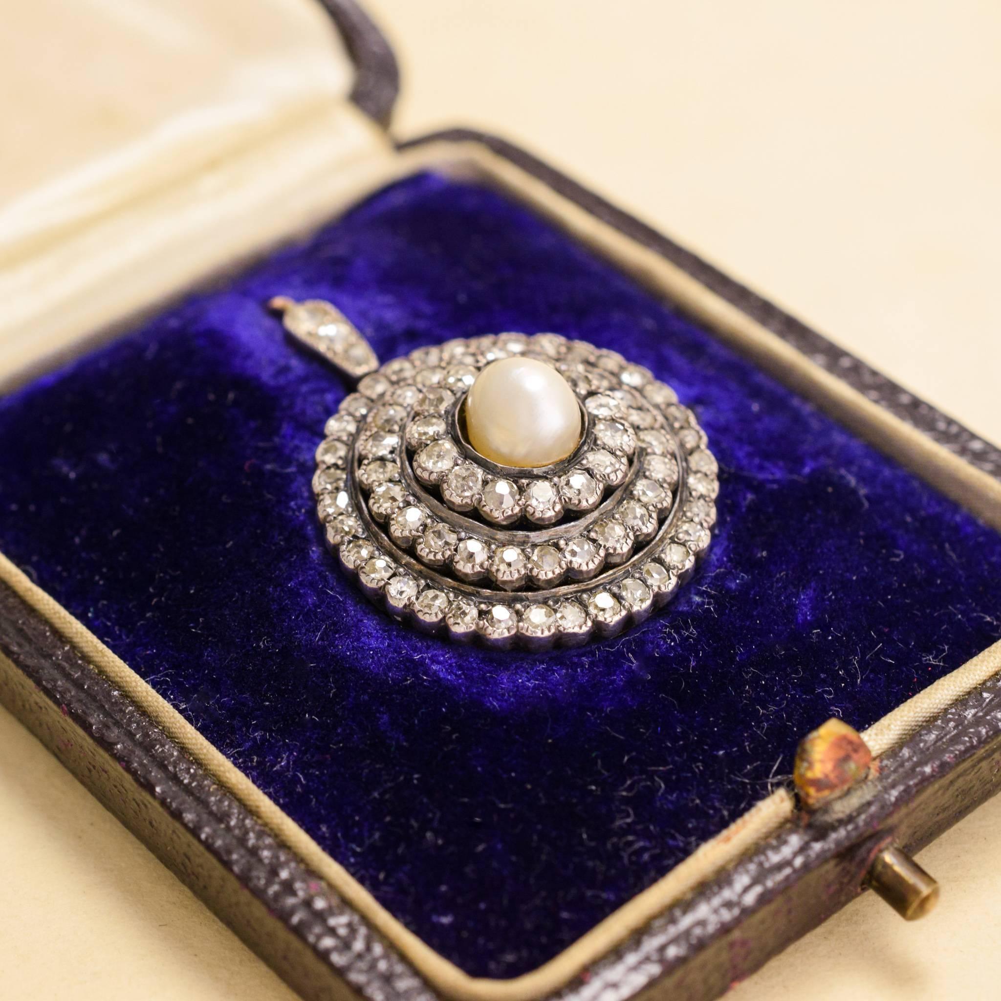 Antique Mid-Victorian Pearl Diamond Halo Pendant Necklace 5