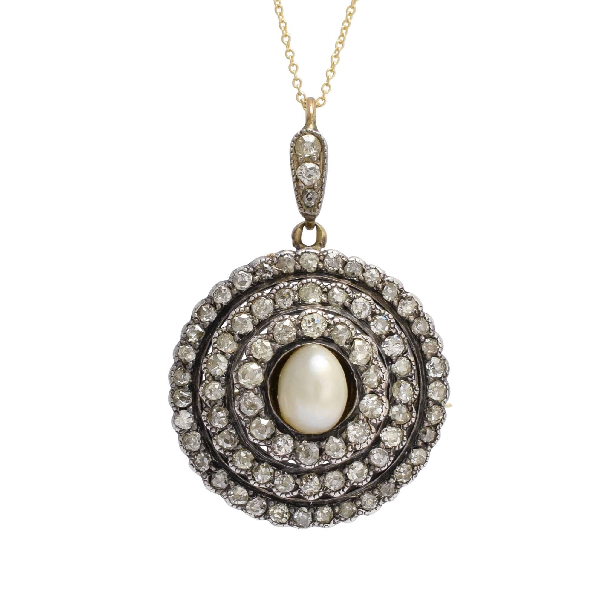 Antique Mid-Victorian Pearl Diamond Halo Pendant Necklace