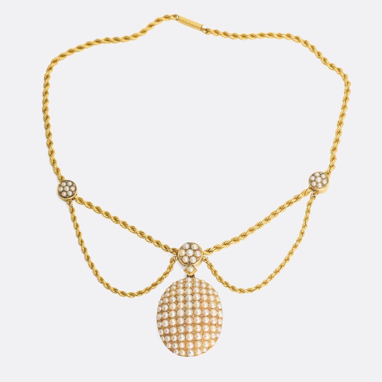 Antique Mid Victorian Pearl Diamond Locket Swag Necklace For Sale at