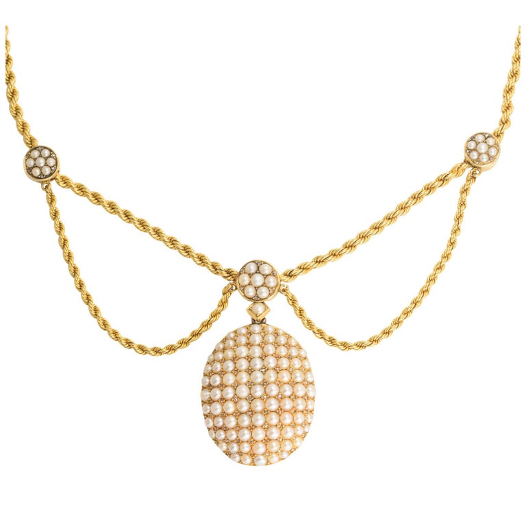 Antique Mid Victorian Pearl Diamond Locket Swag Necklace For Sale at