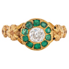 Antique Mid Victorian Ring Diamond Emerald 18k Yellow Gold Sz 6.75 Jewelry