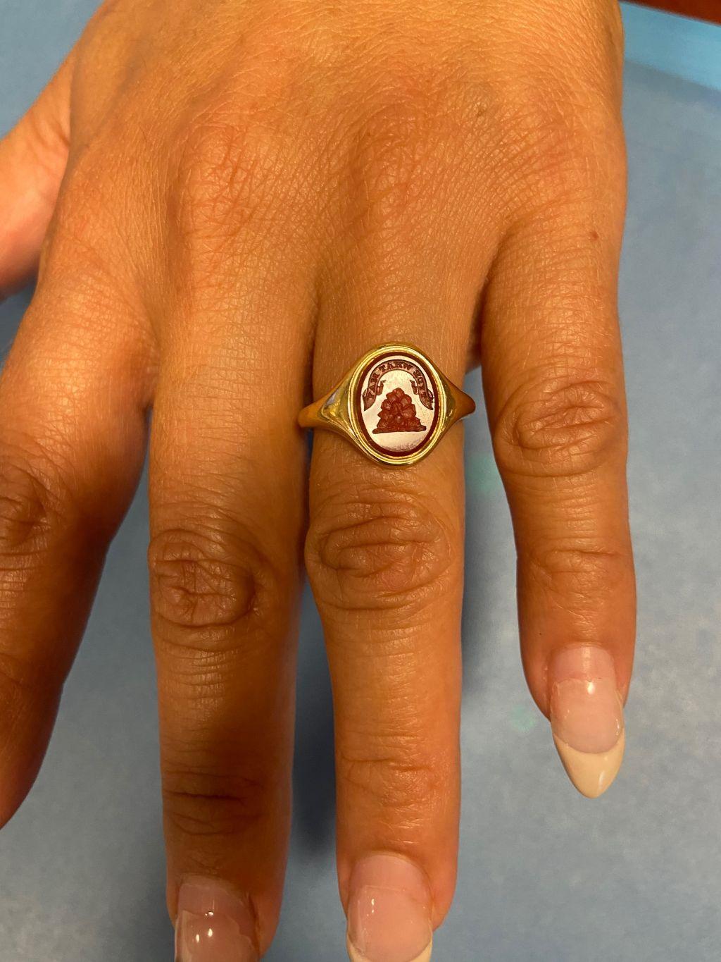Antique Mid Victorian Scottish Carnelian Signet Ring In Excellent Condition In Stamford, CT