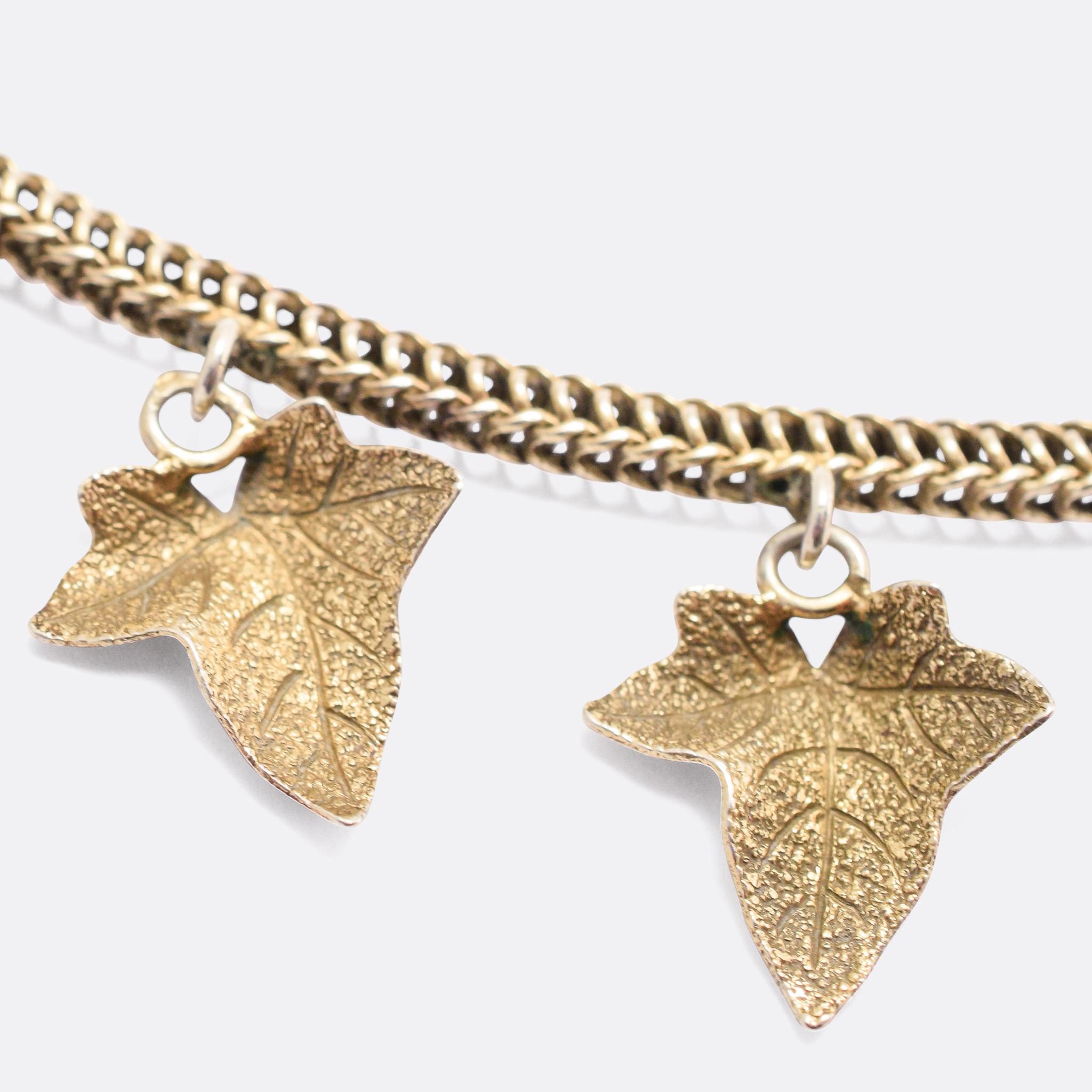 A gorgeous antique silver necklace dating from the mid Victorian era, circa 1870. The finely worked chain is adorned with twenty lightly gilded Ivy Leaves, featuring beautifully textured detailing. To the Victorians, Ivy symbolised friendship and