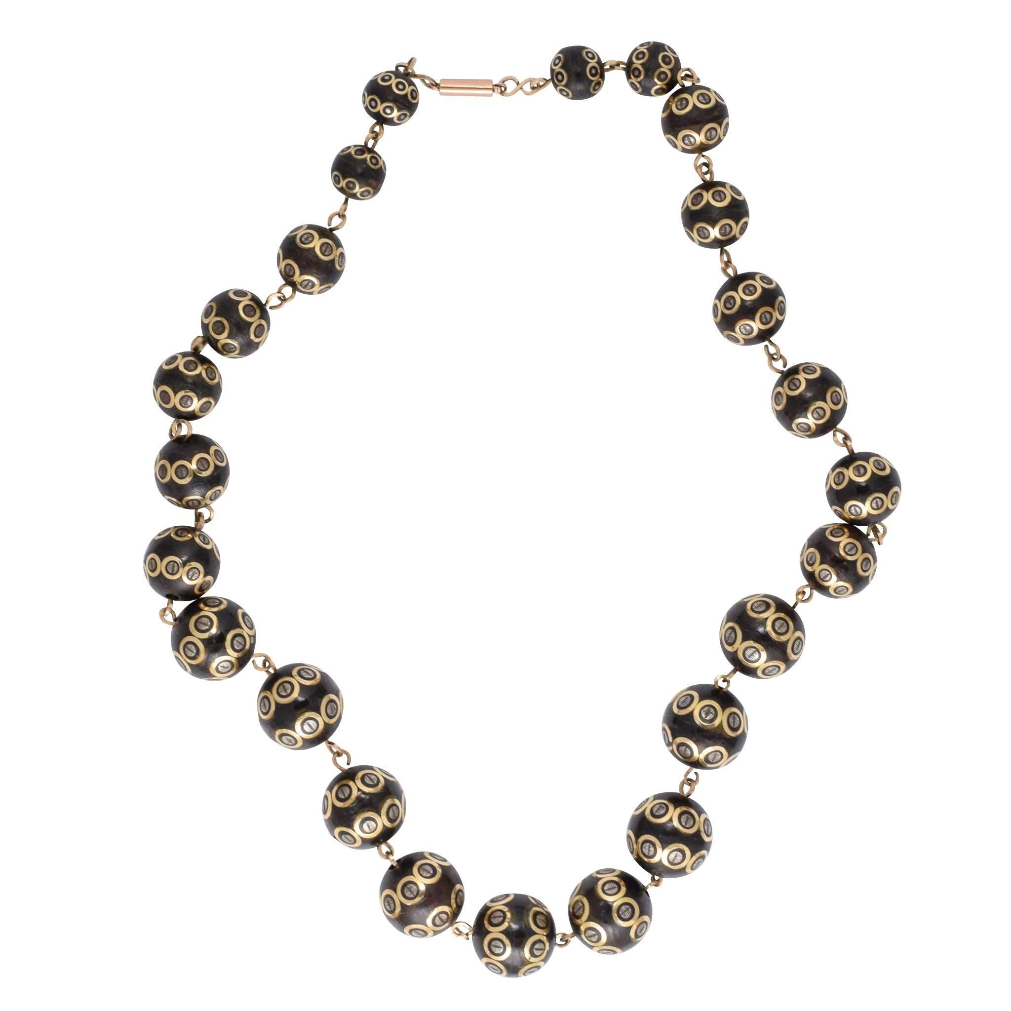 Antique Mid-Victorian Tortoiseshell Pique Bead Necklace