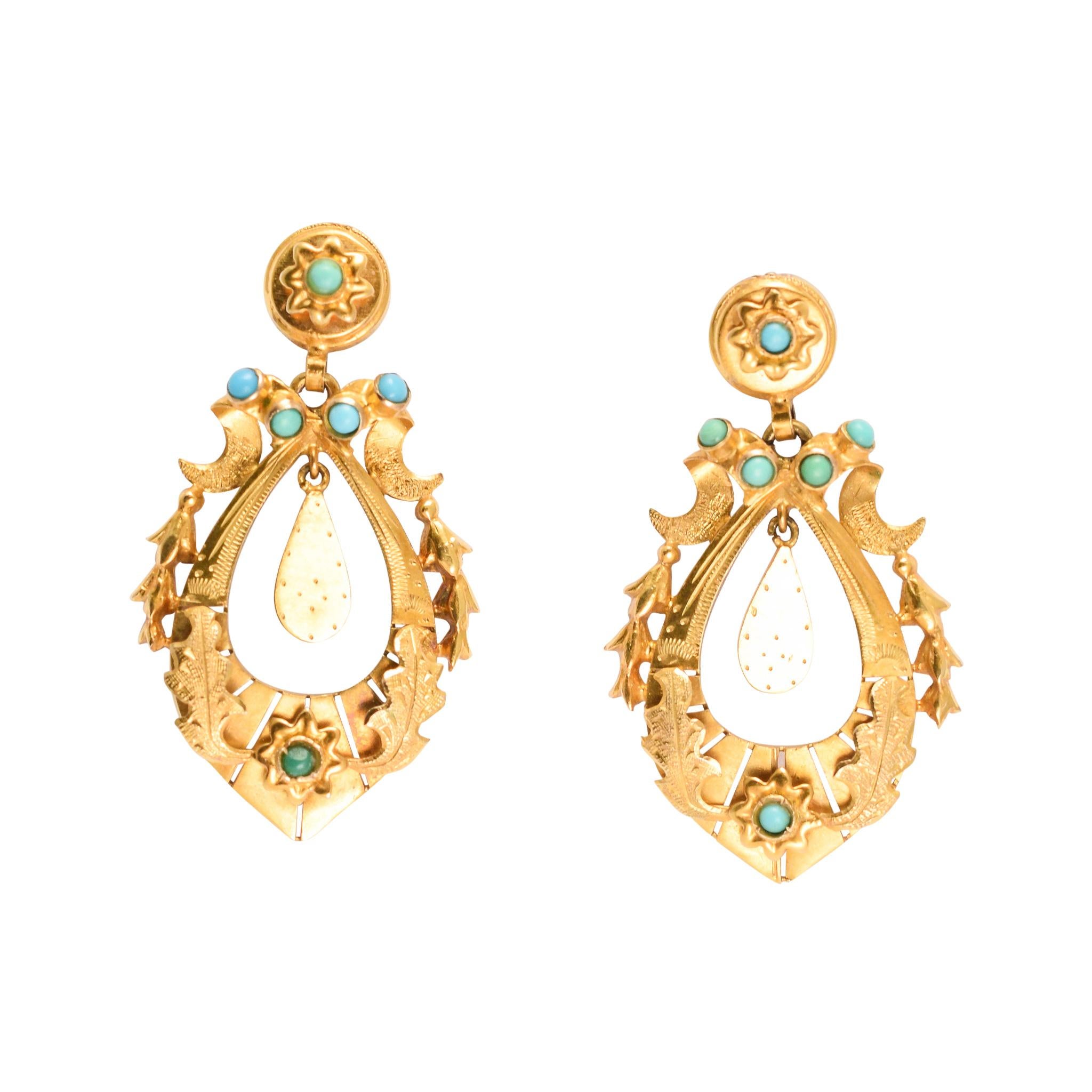 Antique Mid-Victorian Turquoise "Crescent & Star" Earrings