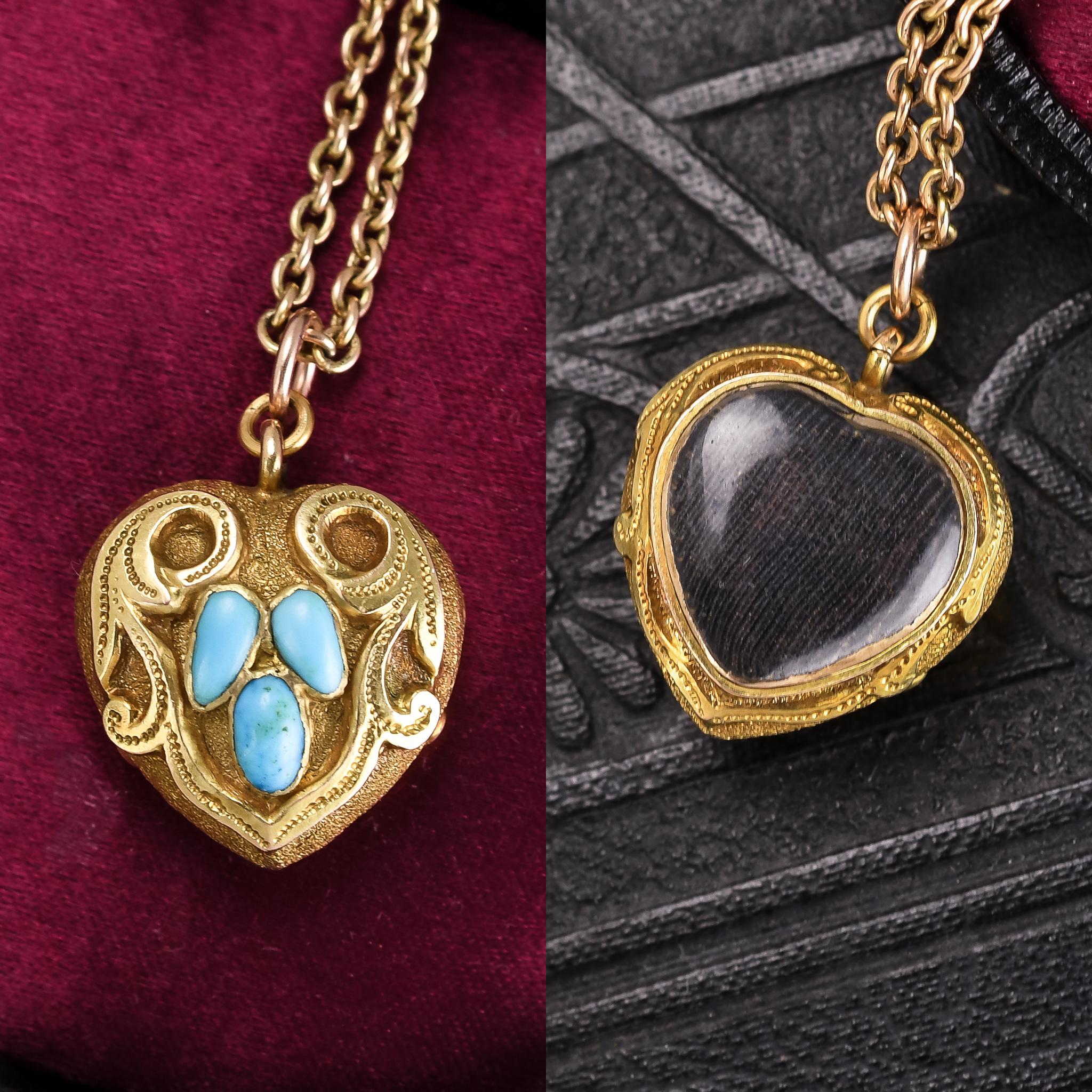 Antique Mid-Victorian Turquoise Heart Locket Pendant In Good Condition In Sale, Cheshire