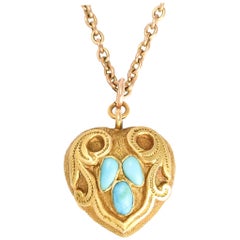 Antique Mid-Victorian Turquoise Heart Locket Pendant