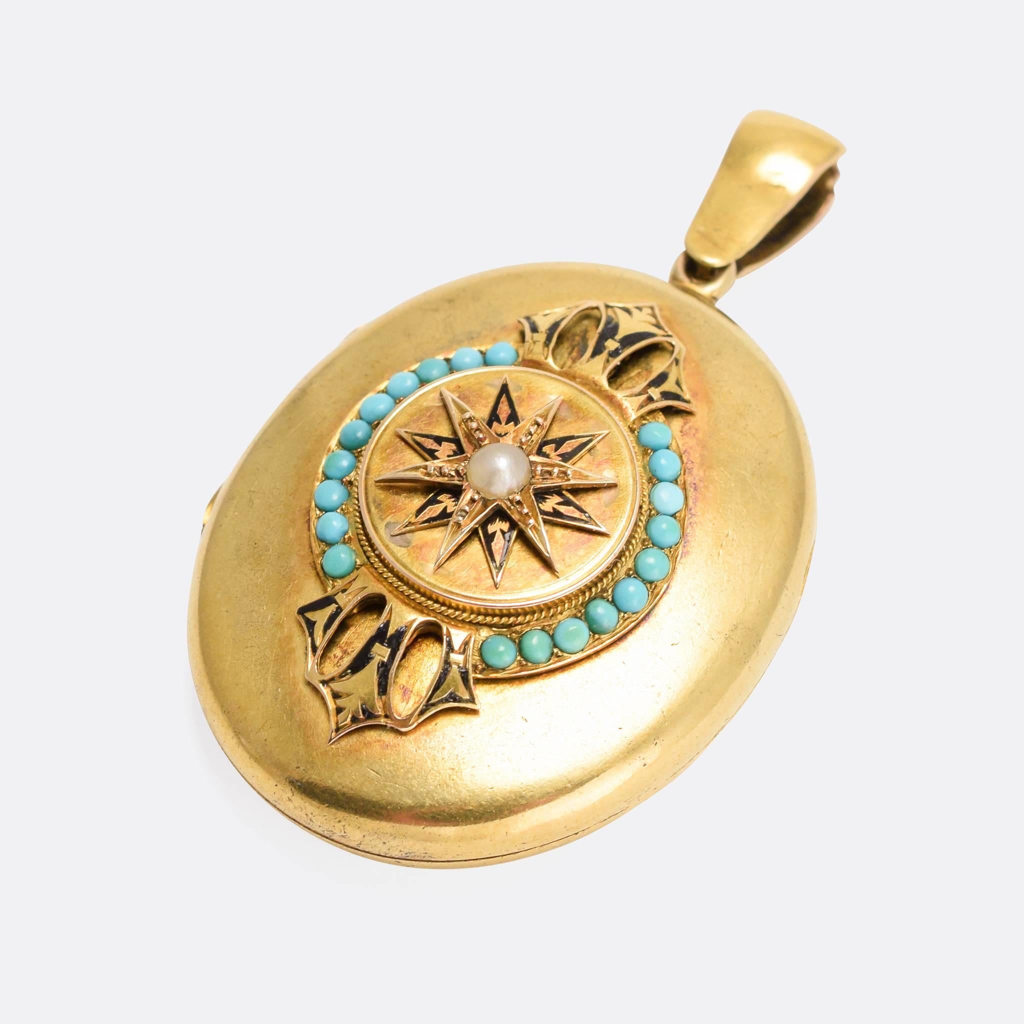 A superb antique oval locket set with pearls and turquoise cabochons. It's modelled in rich 15 karat gold, with an applied star design to the front that's finished in black enamel and Etruscan style ropework details. A beautiful mid-Victorian piece,