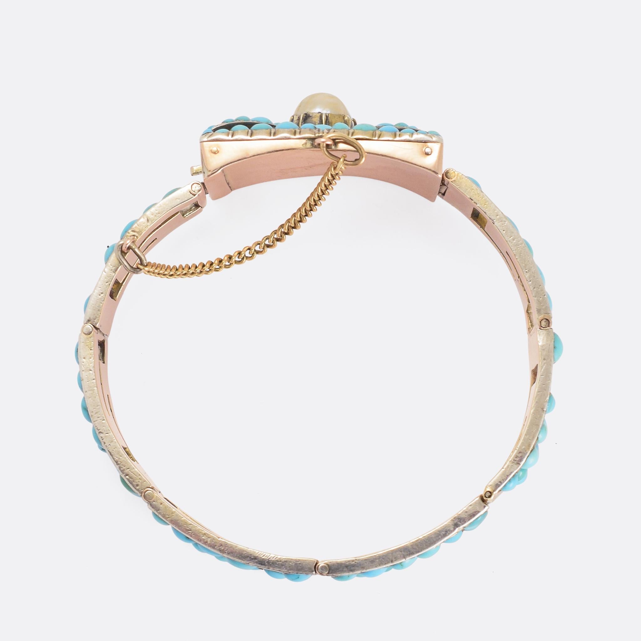 Women's Antique Mid Victorian Turquoise Pearl Greek Key Bracelet