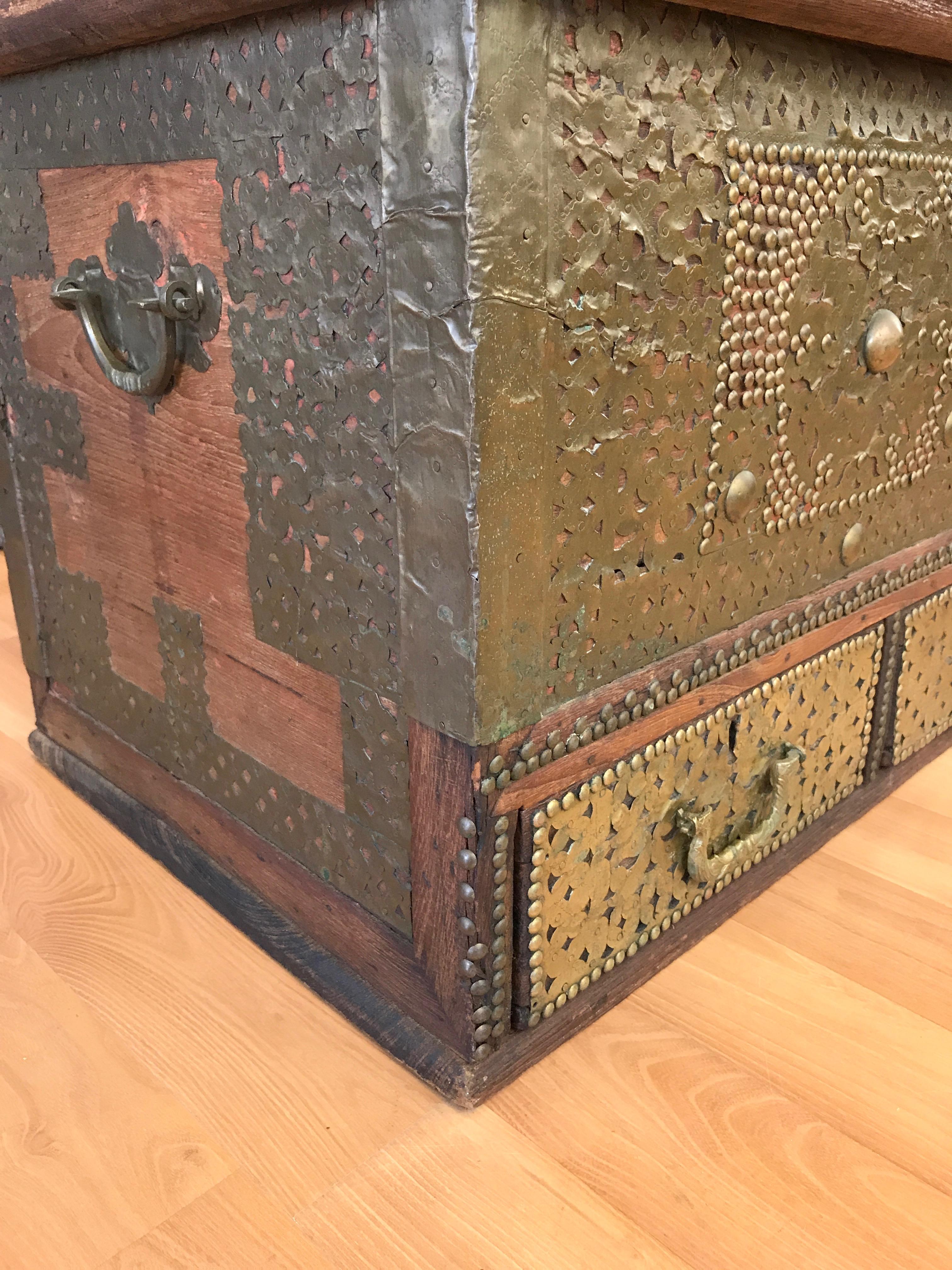 Antique Middle Eastern Brass-Clad Wood Sailor’s Chest 1