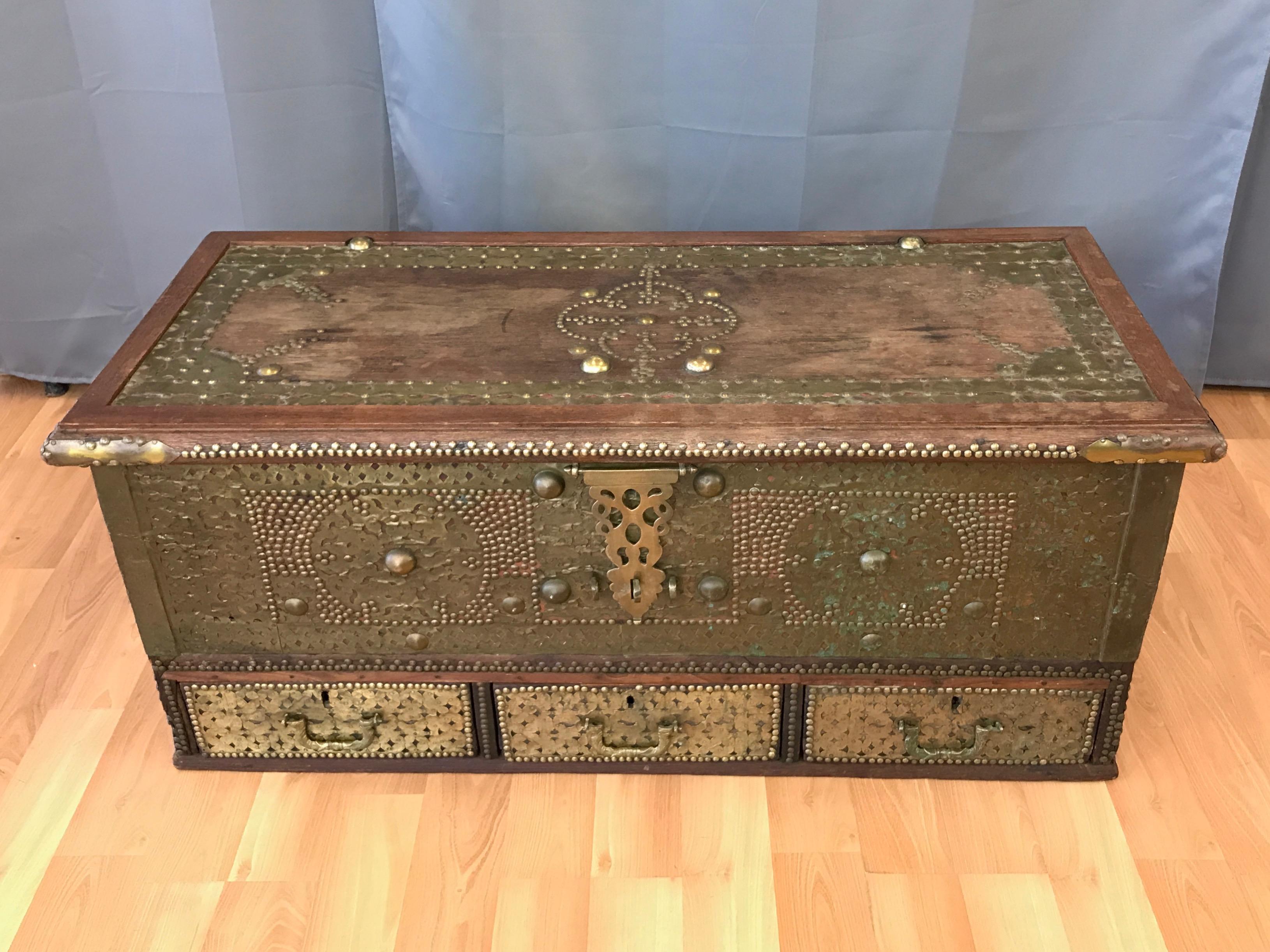 Syrian Antique Middle Eastern Brass-Clad Wood Sailor’s Chest