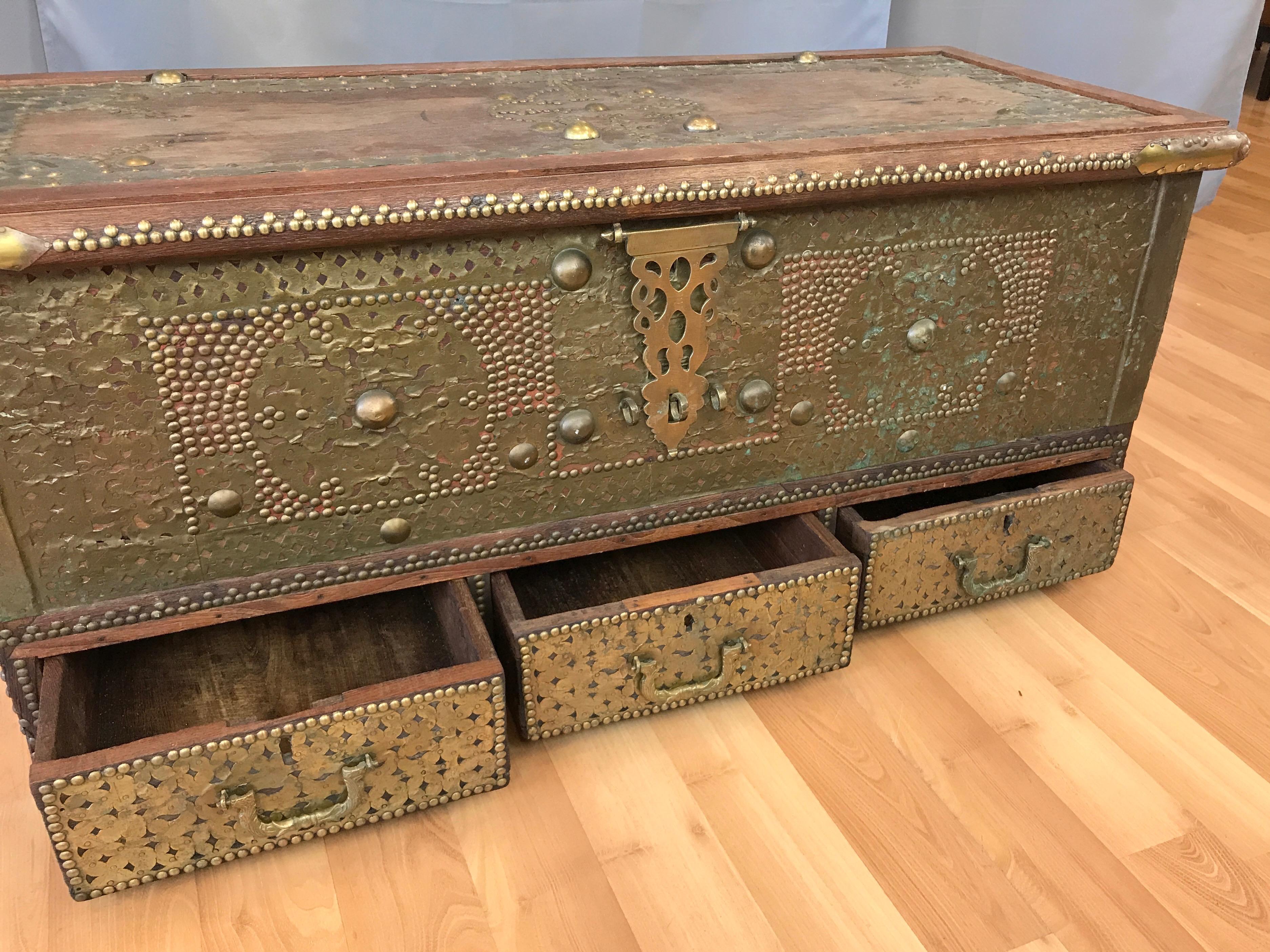 19th Century Antique Middle Eastern Brass-Clad Wood Sailor’s Chest