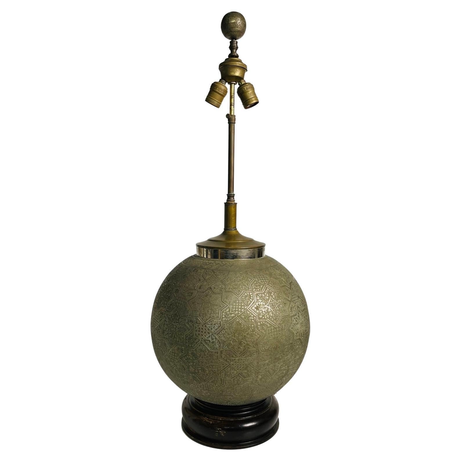 Antique Middle Eastern Brass Lamp with Etched Brass Body