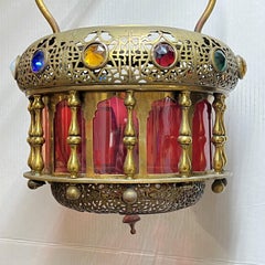 Antique Middle Eastern Bronze and Glass Lantern