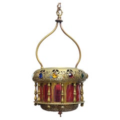 Antique Middle Eastern Bronze and Glass Lantern