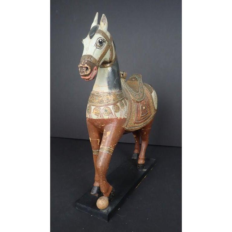 Hand-Carved Antique Middle Eastern Carved and Paint Decorated Sculpture of a Horse