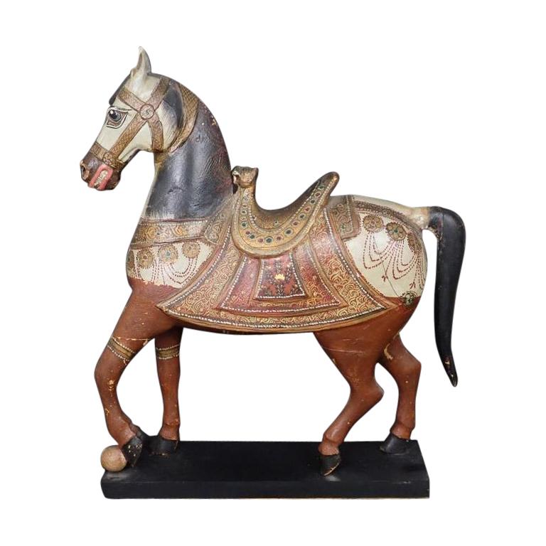 Antique Middle Eastern Carved and Paint Decorated Sculpture of a Horse
