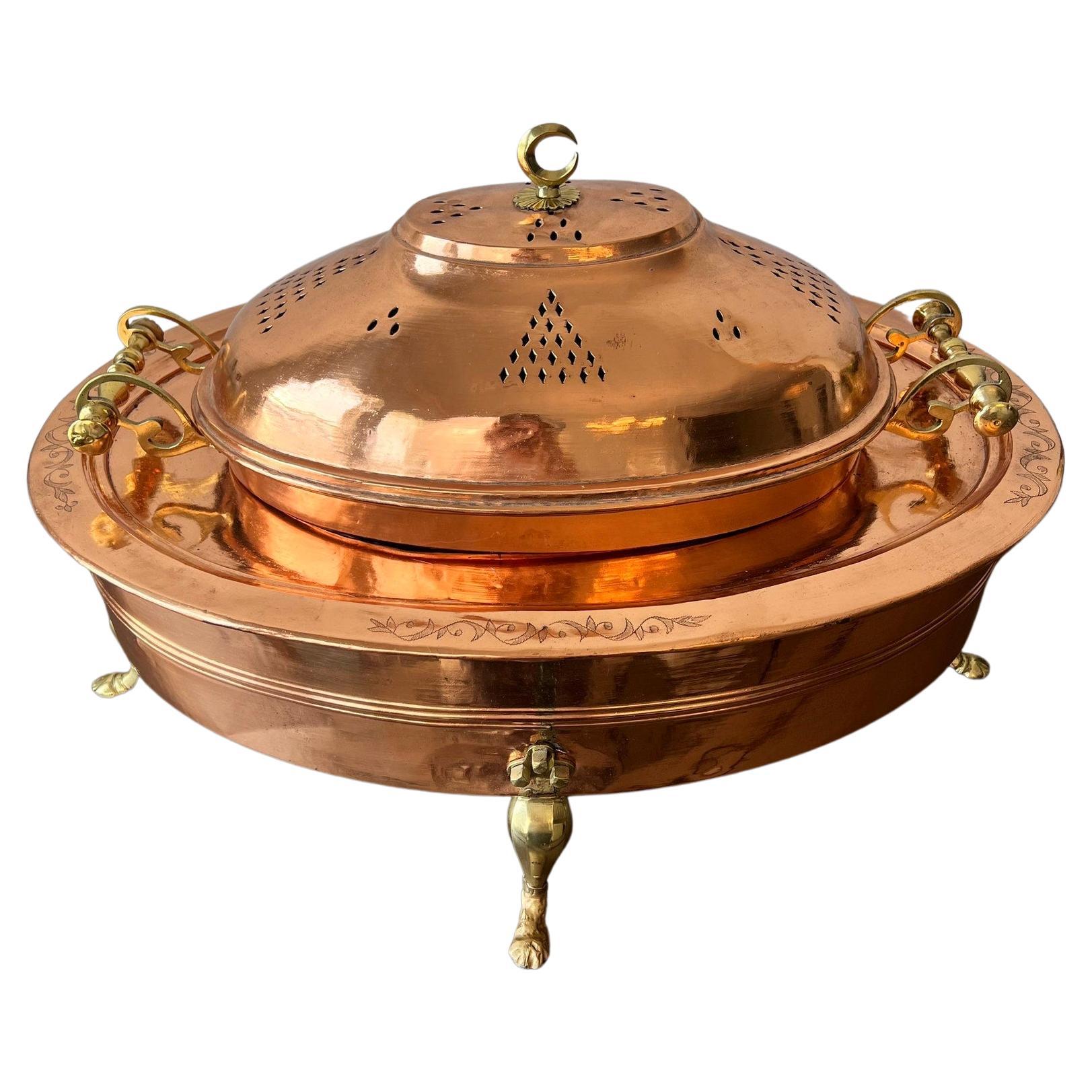 Ancienne chafing dish en cuivre et laiton du Moyen-Orient