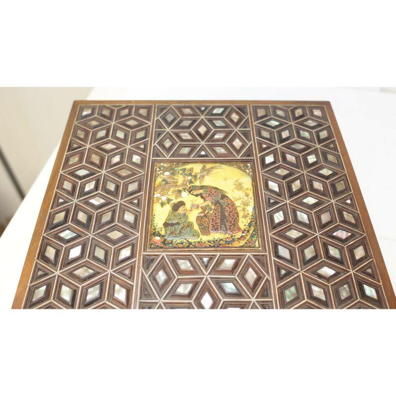 Antique Middle Eastern Hand Painted Tile Mother of Pearl Inlaid Bead Paneled Box In Good Condition In Gardena, CA
