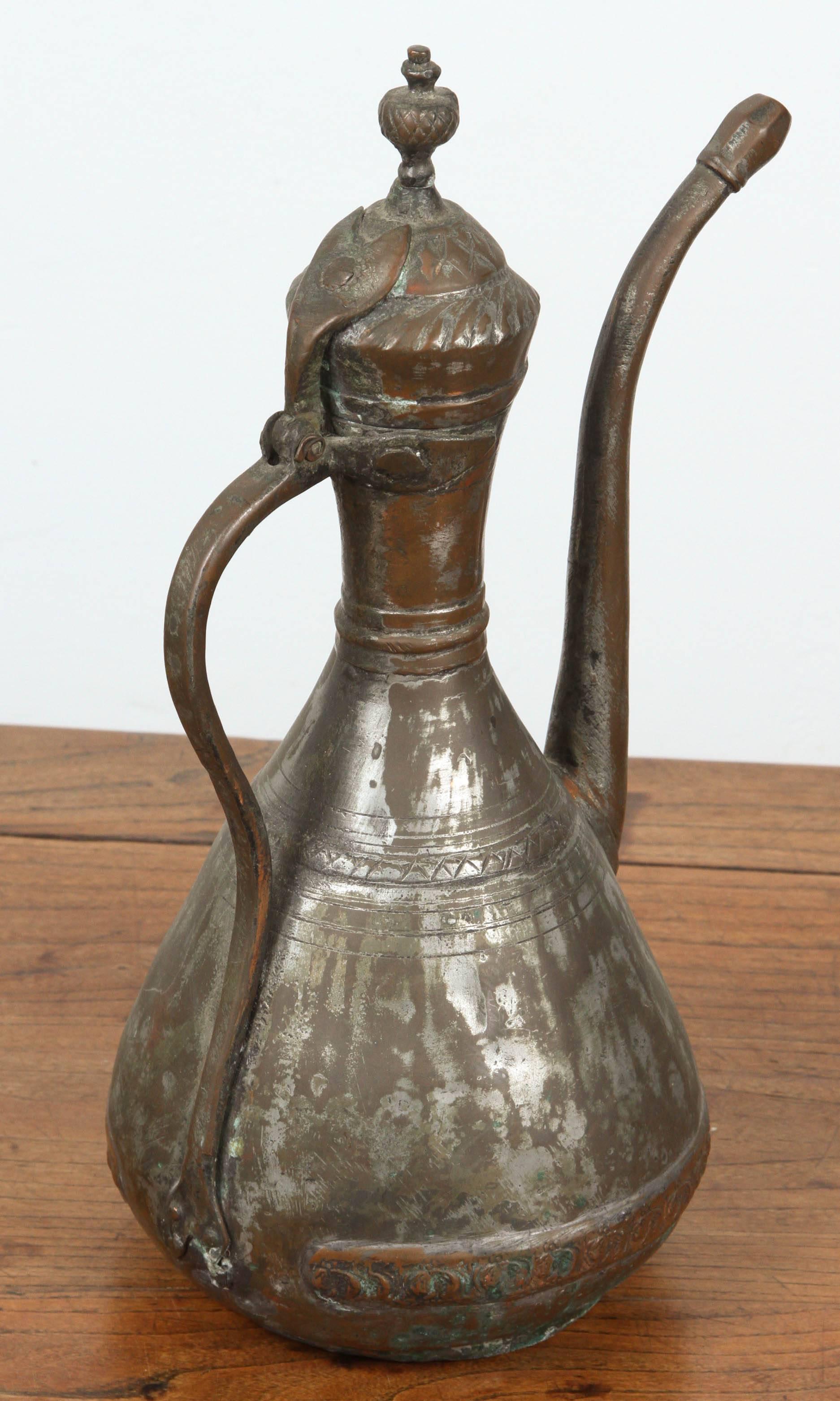Antique Middle Eastern Moorish Tinned Copper Ewer In Good Condition For Sale In North Hollywood, CA