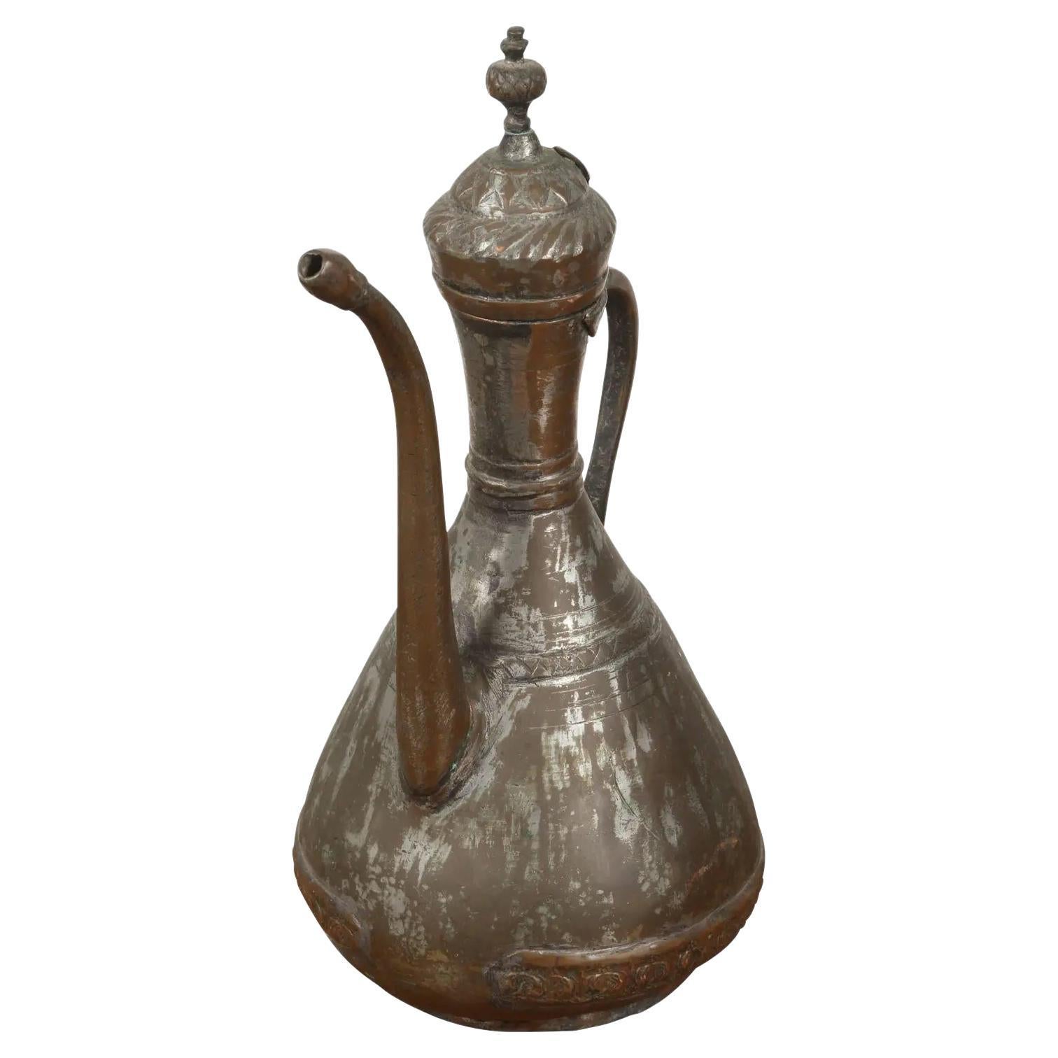 Antique Middle Eastern Moorish Tinned Copper Ewer For Sale