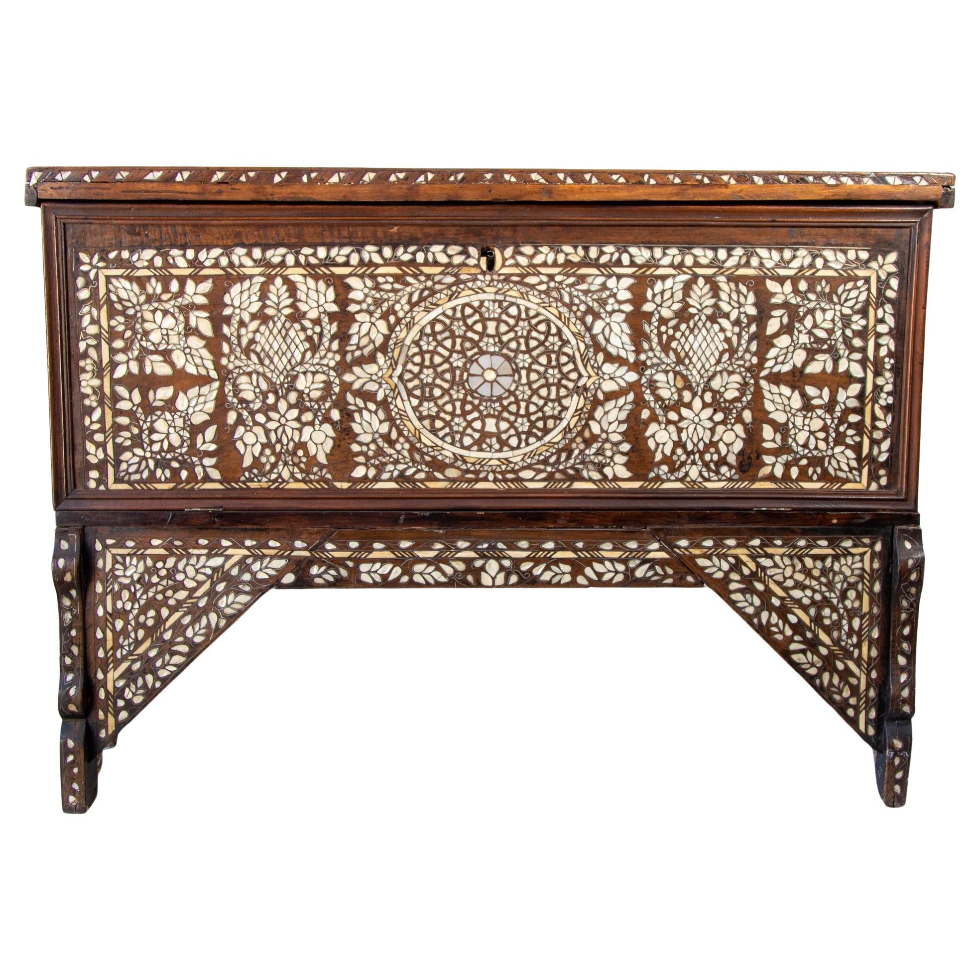 Antique Middle Eastern Mother of Pearl Inlay Dowry Trunk 19th C.